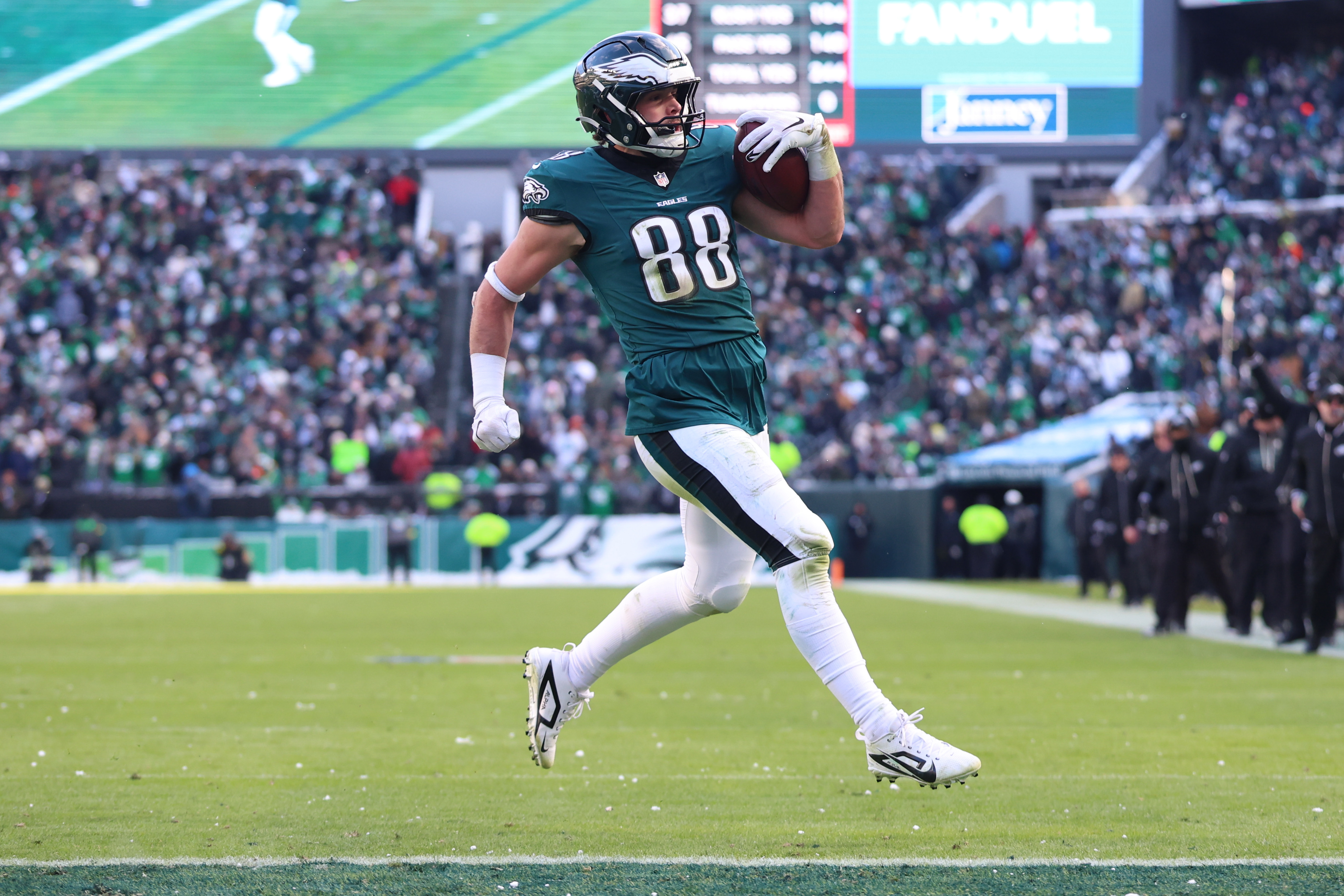 Philadelphia Eagles tight end Dallas Goedert (88) scores a touchdown as he is featured in our anytime touchdown scorer predictions.