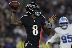 Baltimore Ravens quarterback Lamar Jackson (8) drops back to pass as we dive into our best anytime touchdown scorer predictions for Thursday Night Football.