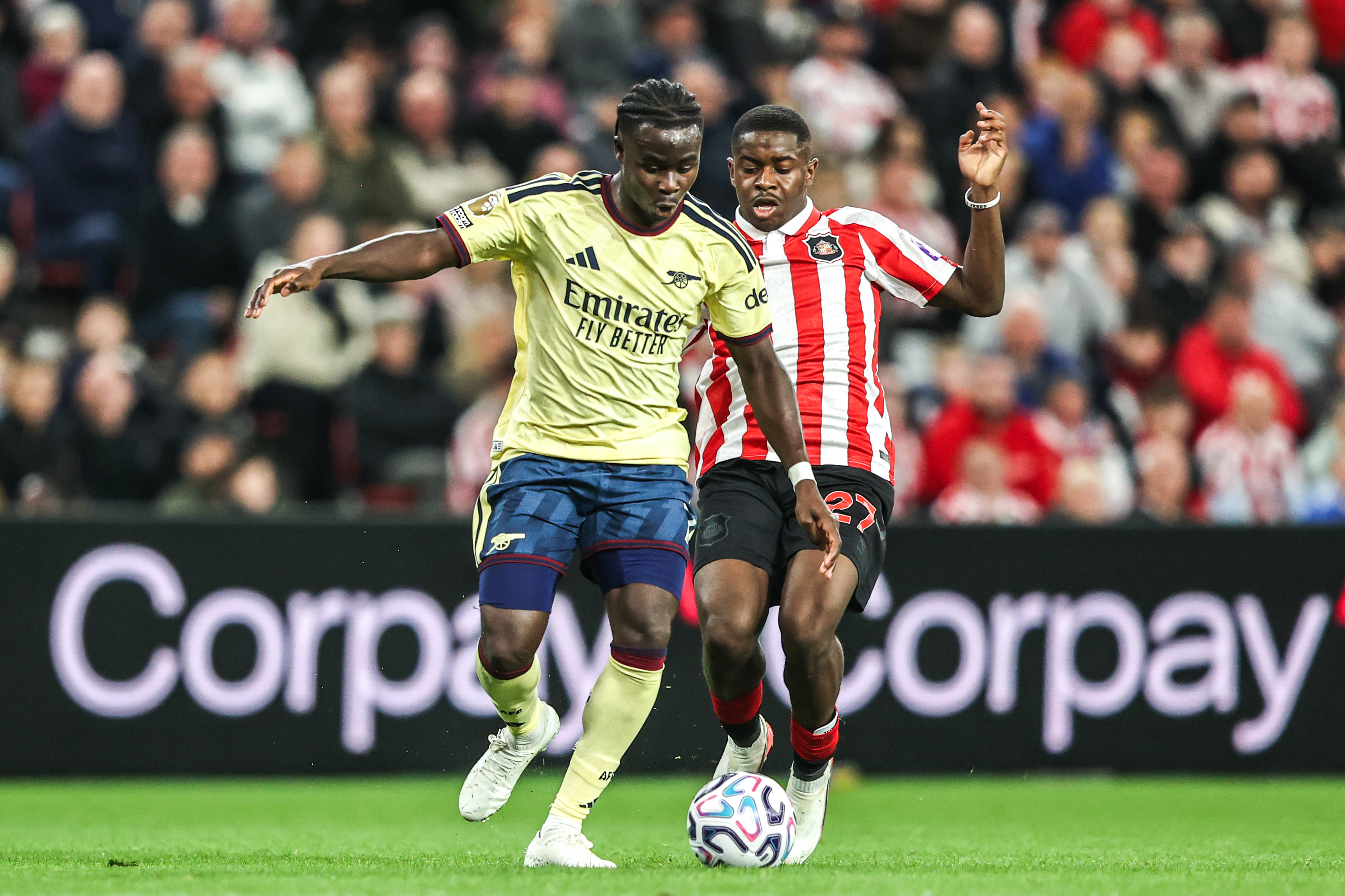 Bukayo Saka in action for the Gunners as we break down our Brighton vs. Arsenal Prediction. Photo by Alfie Cosgrove/News Images/Sipa USA.