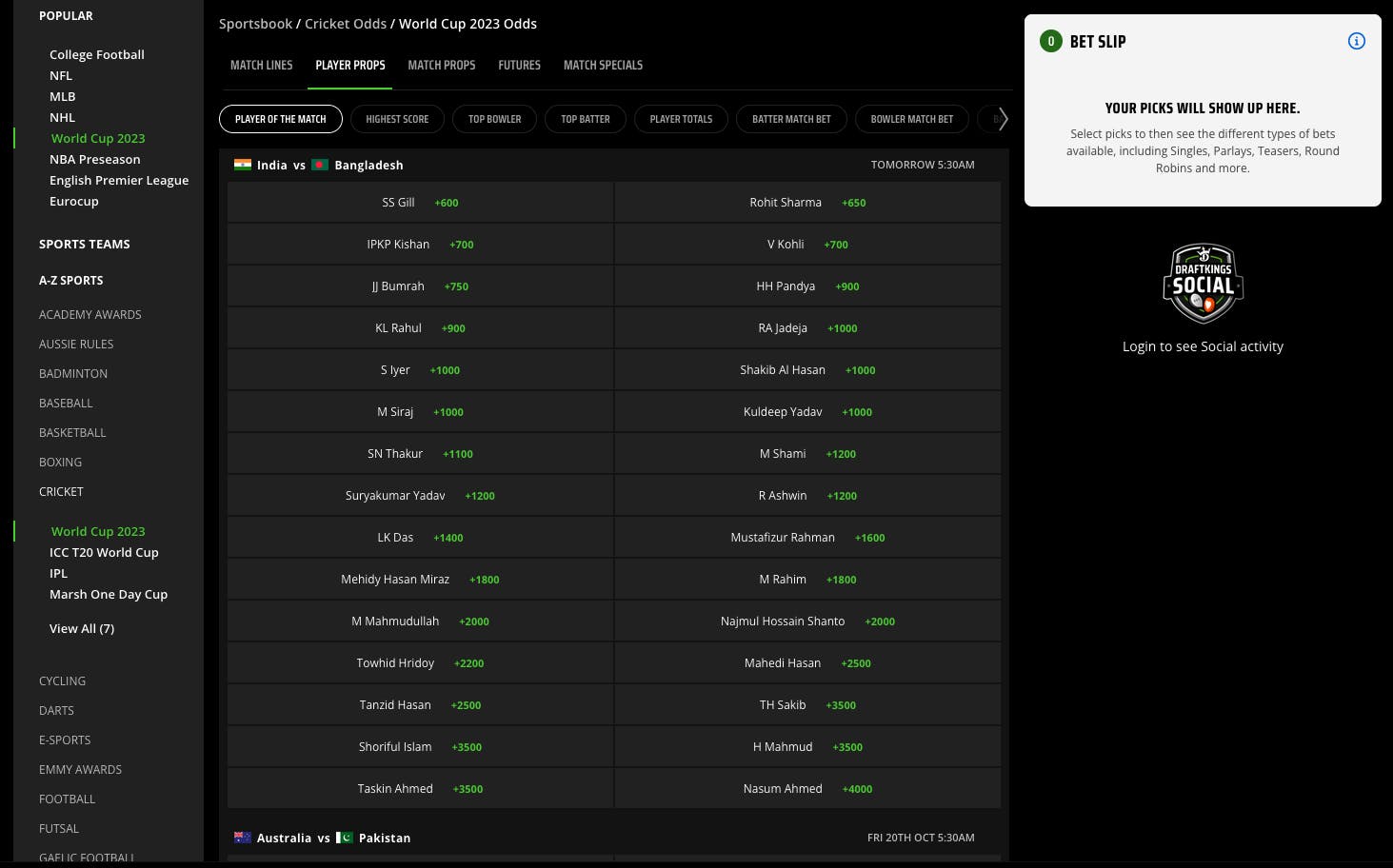 DraftKings cricket odds screenshot