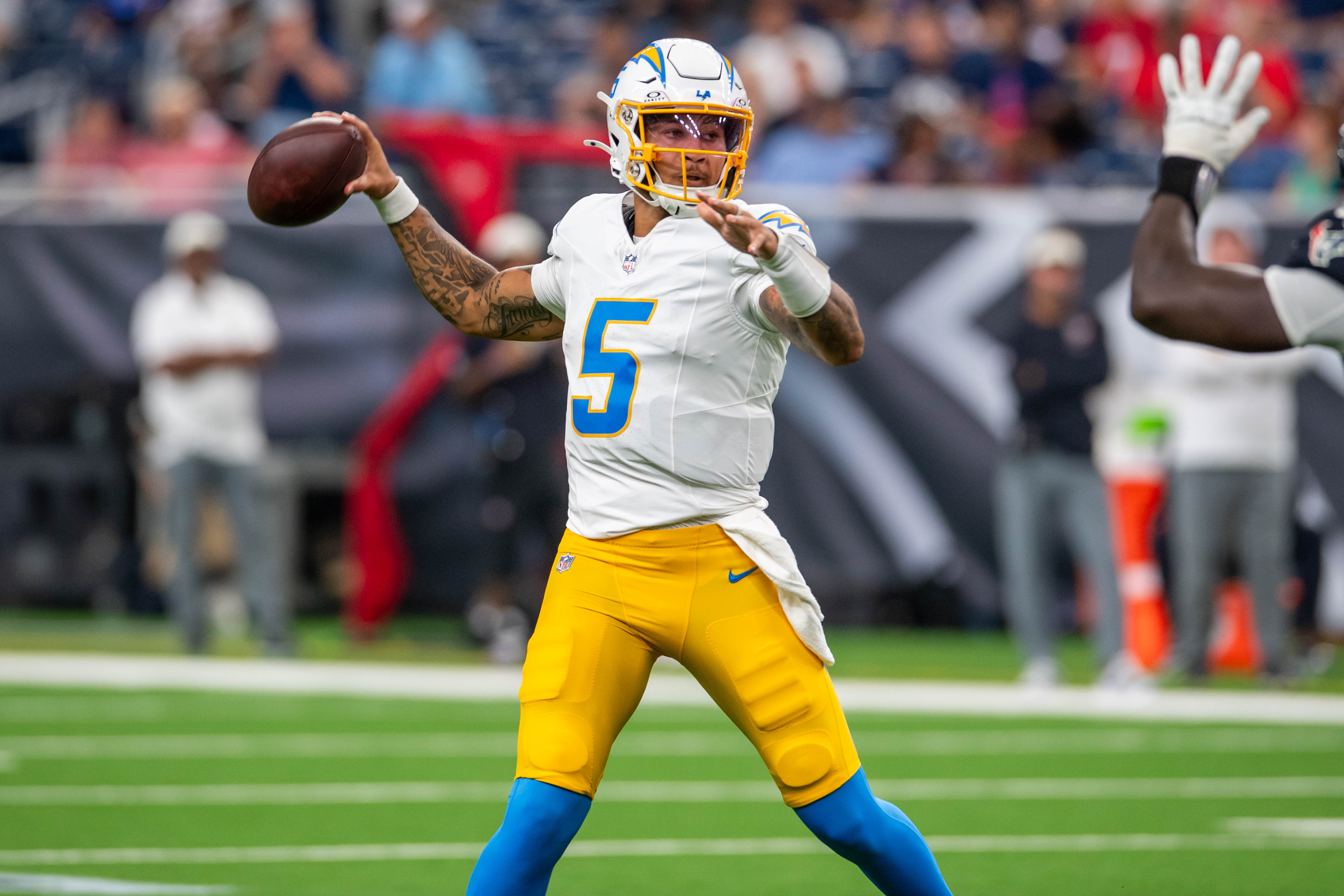 Los Angeles Chargers quarterback Trey Lance (5) throws a pass as we offer our 49ers vs. Chargers prediction for the NFL preseason.
