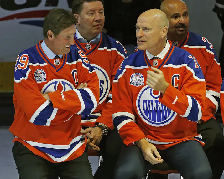 Wayne Gretzky and Mark Messier laugh during the closing ceremonies at Rexall Place as we detail the birthdays of NHL greats born in January.