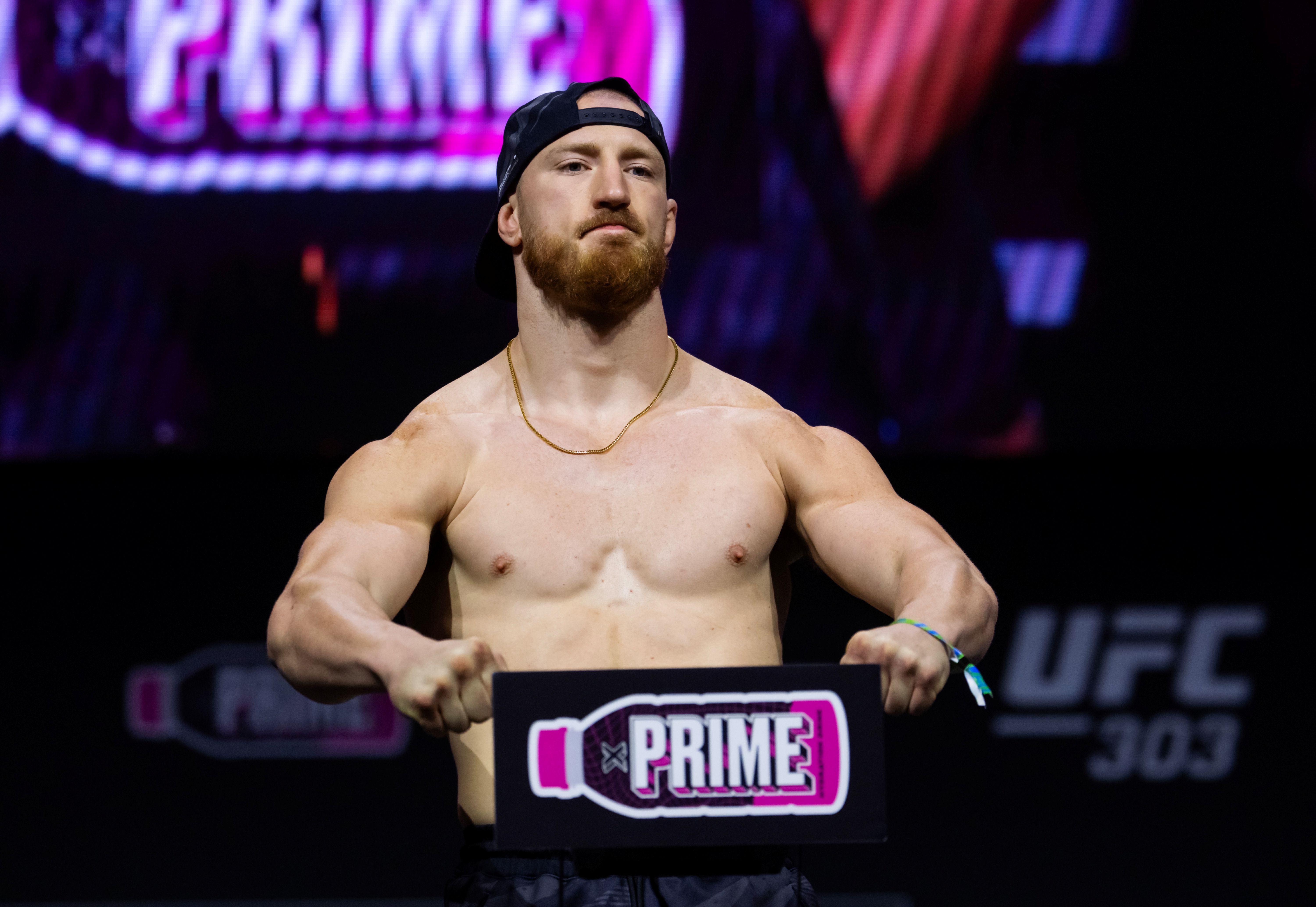 Joe Pyfer during at a weigh-in, and he's featured in our UFC Fight Night: Adesanya vs. Pyfer Odds.