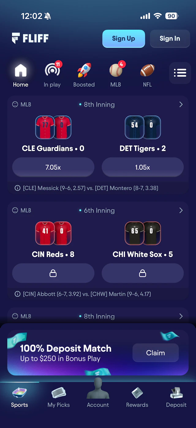 Fliff Social Sportsbook Sports menu on app.