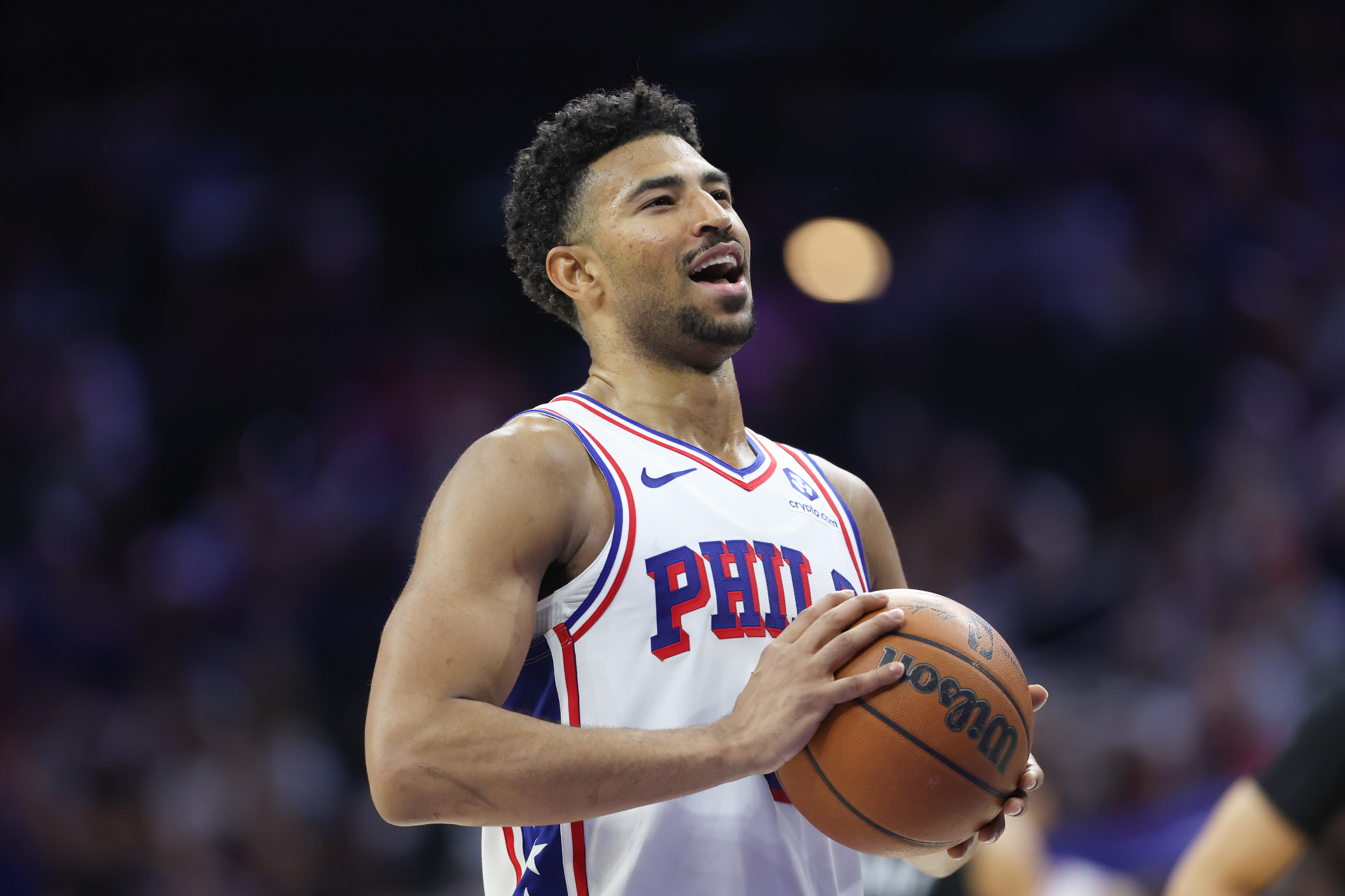 Philadelphia 76ers guard Quentin Grimes (5), seen here preparing to shoot a free throw, is featured in our NBA player props tonight.