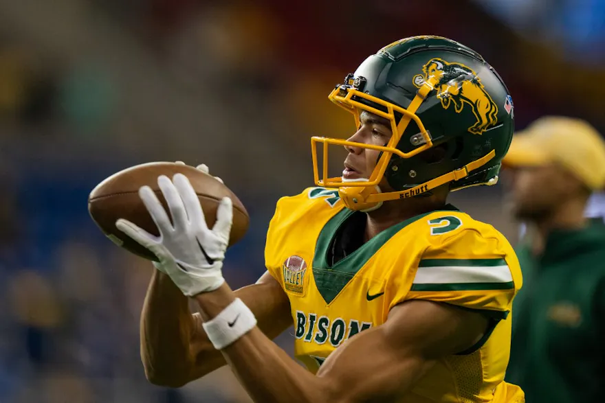 Bryce Lance #5 of the North Dakota State Bison catches a pass prior to the game against the North Dakota Fighting Hawks at FARGODOME on Nov. 19