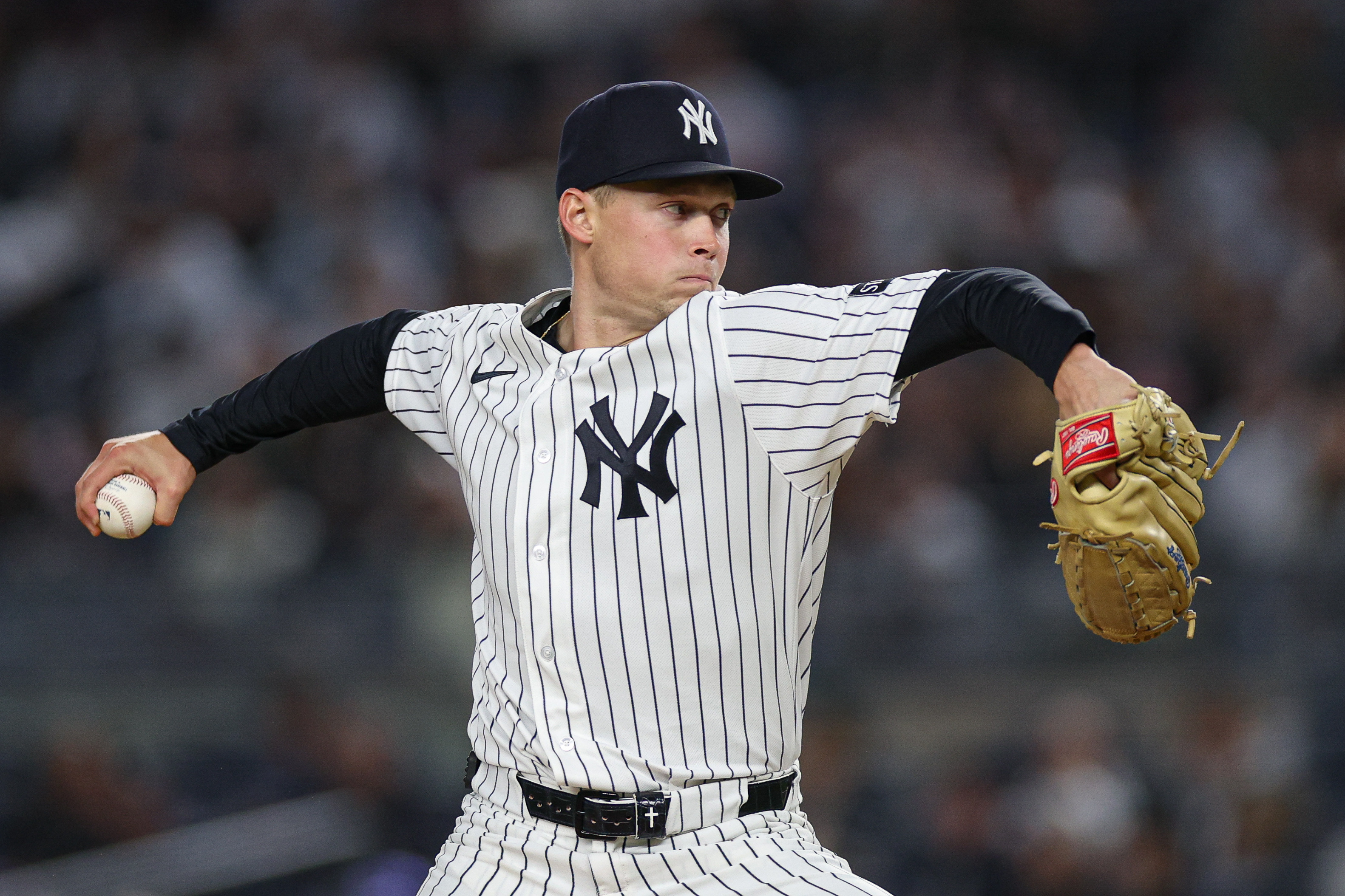 New York Yankees pitcher Will Warren - who's featured in my Rangers vs. Yankees prediction - delivers a pitch during the fourth inning. 