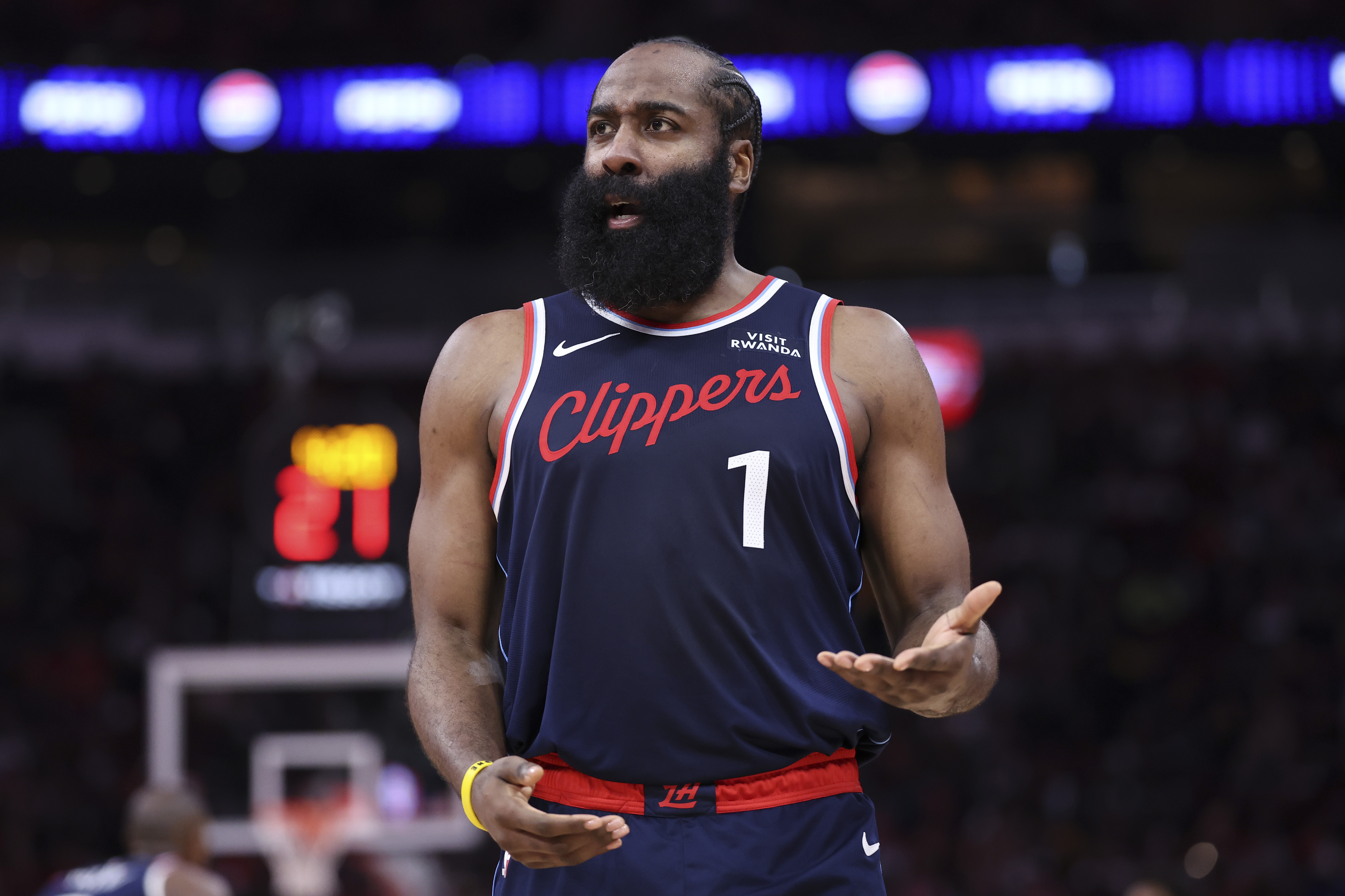 Los Angeles Clippers guard James Harden (1) reacts as he is featured in our Rockets vs. Clippers player props.