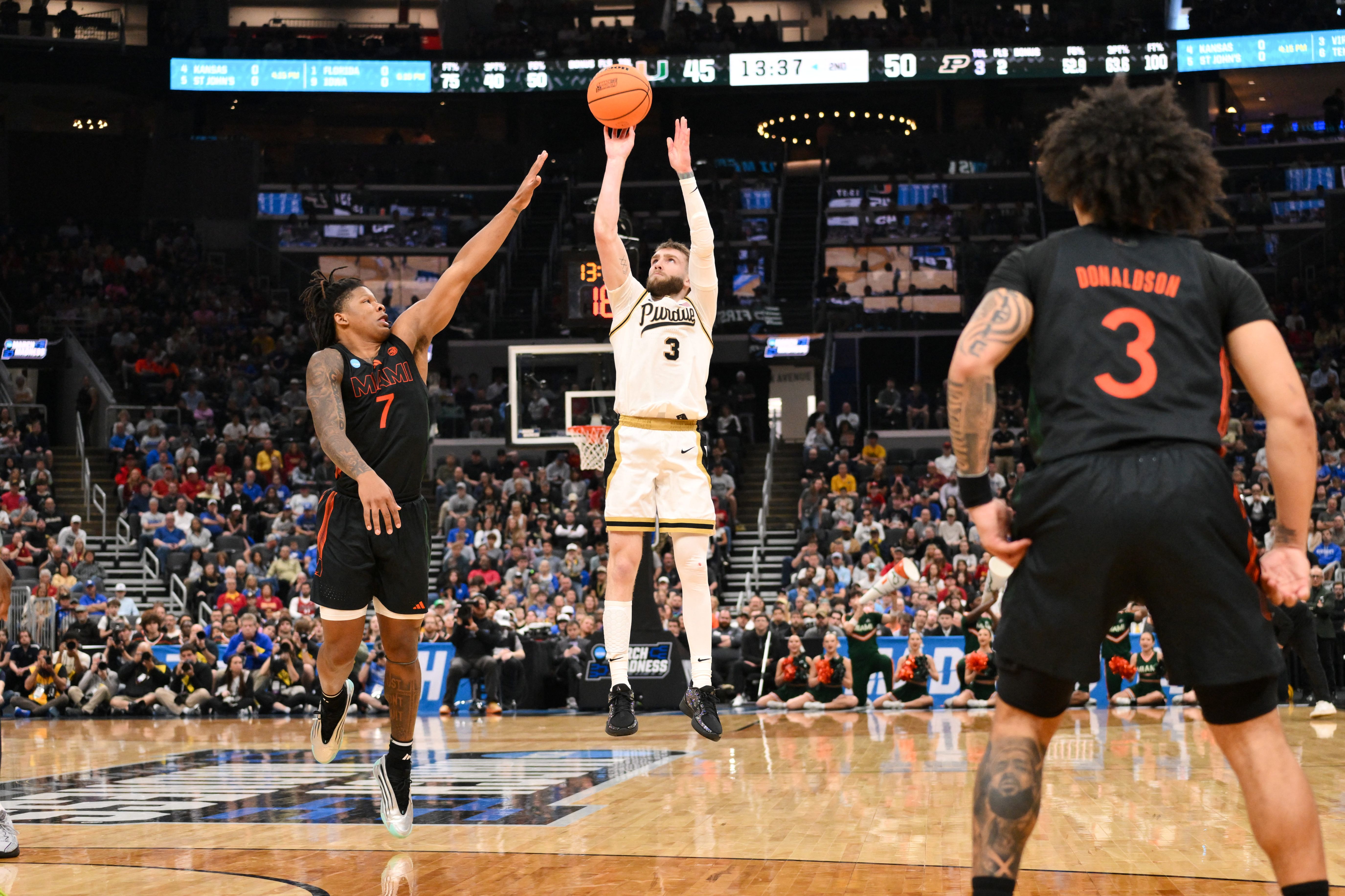 Purdue Boilermakers guard Braden Smith (3), featured in our Texas vs. Purdue player props, shoots over a defender.