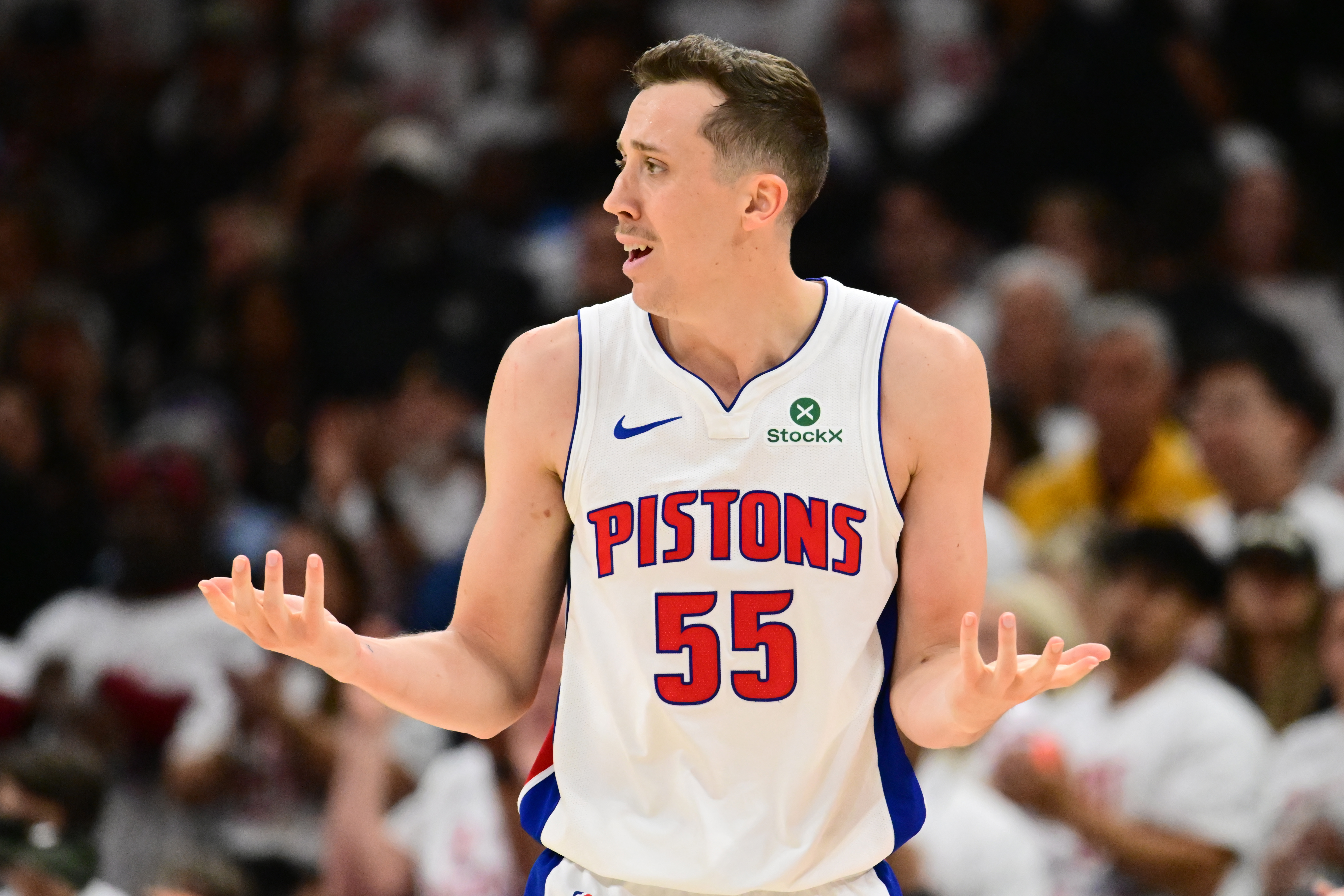 Detroit Pistons forward Duncan Robinson (55), seen here reacting during a game, is featured in our Pistons vs. Cavaliers player props for Game 4 today.