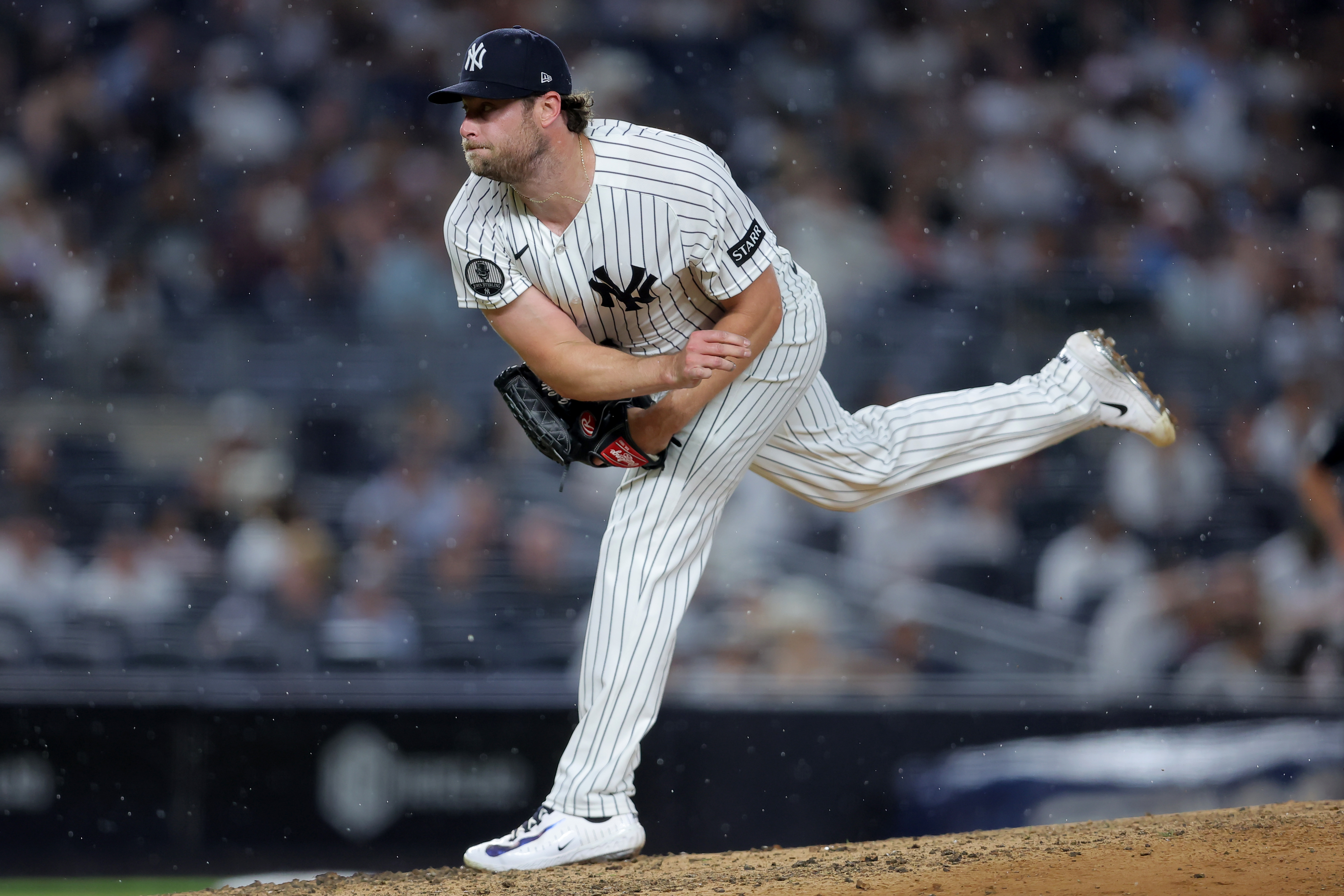 New York Yankees starting pitcher Gerrit Cole - who's featured in my best NRFI bets today - follows through on a pitch. 