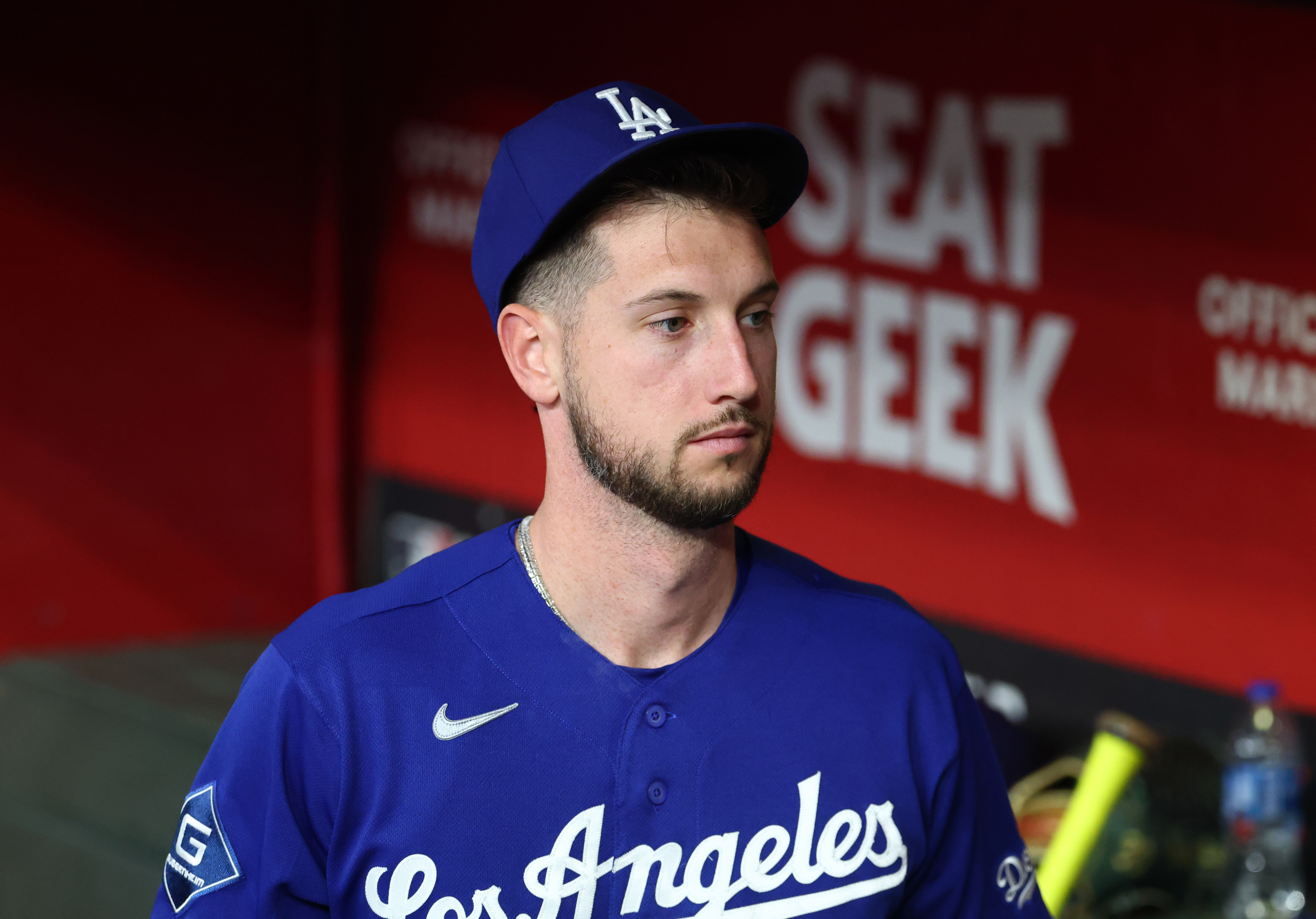 Los Angeles Dodgers outfielder Kyle Tucker looks on as we break down our Padres vs. Dodgers prediction.