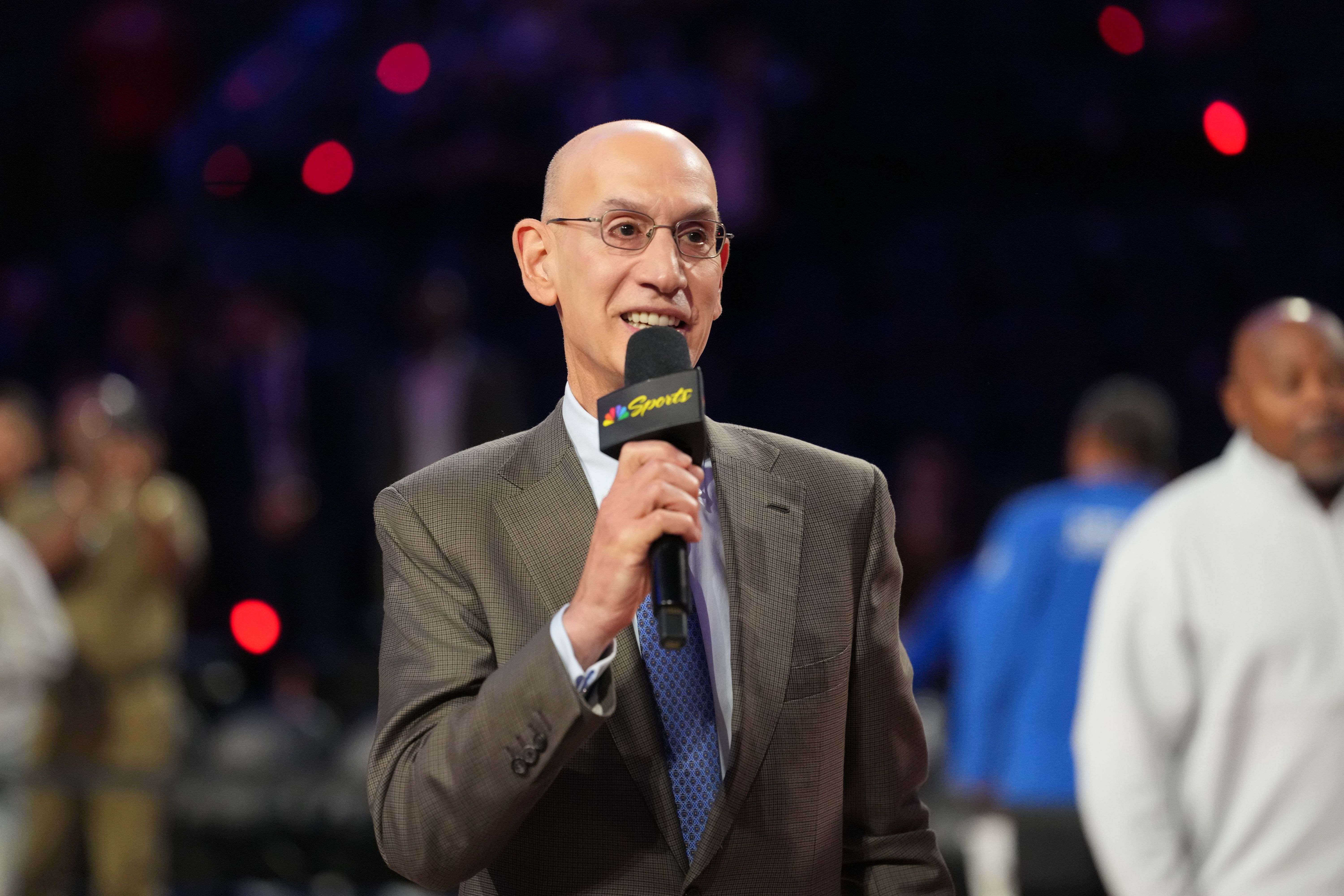 NBA commissioner Adam Silver speaks to media as we look at the NBA stance on prediction markets
