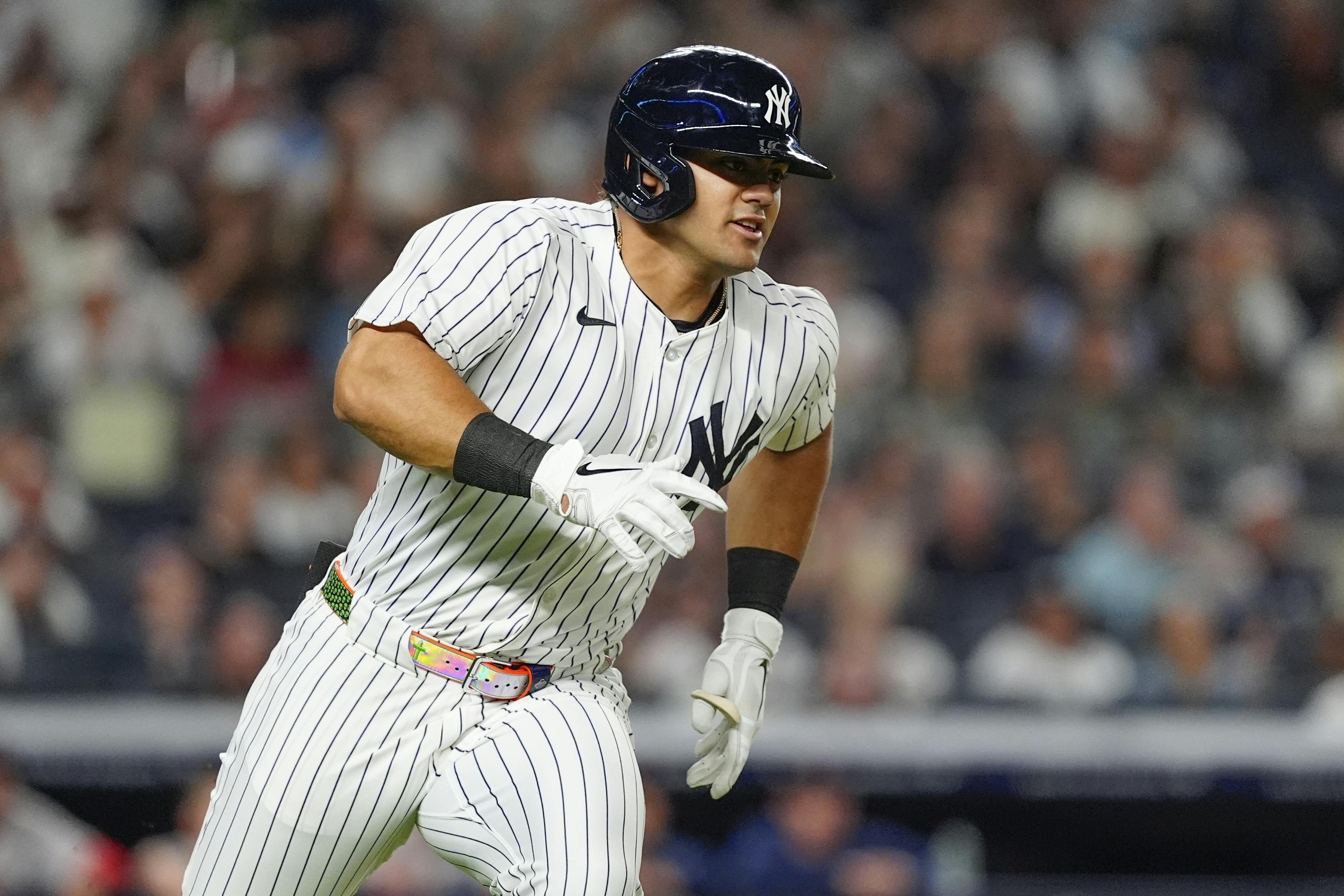 New York Yankees left fielder Jasson Dominguez runs out a single against the Boston Red Sox, and he features as the AL favorite by the MLB Rookie of the Year odds.