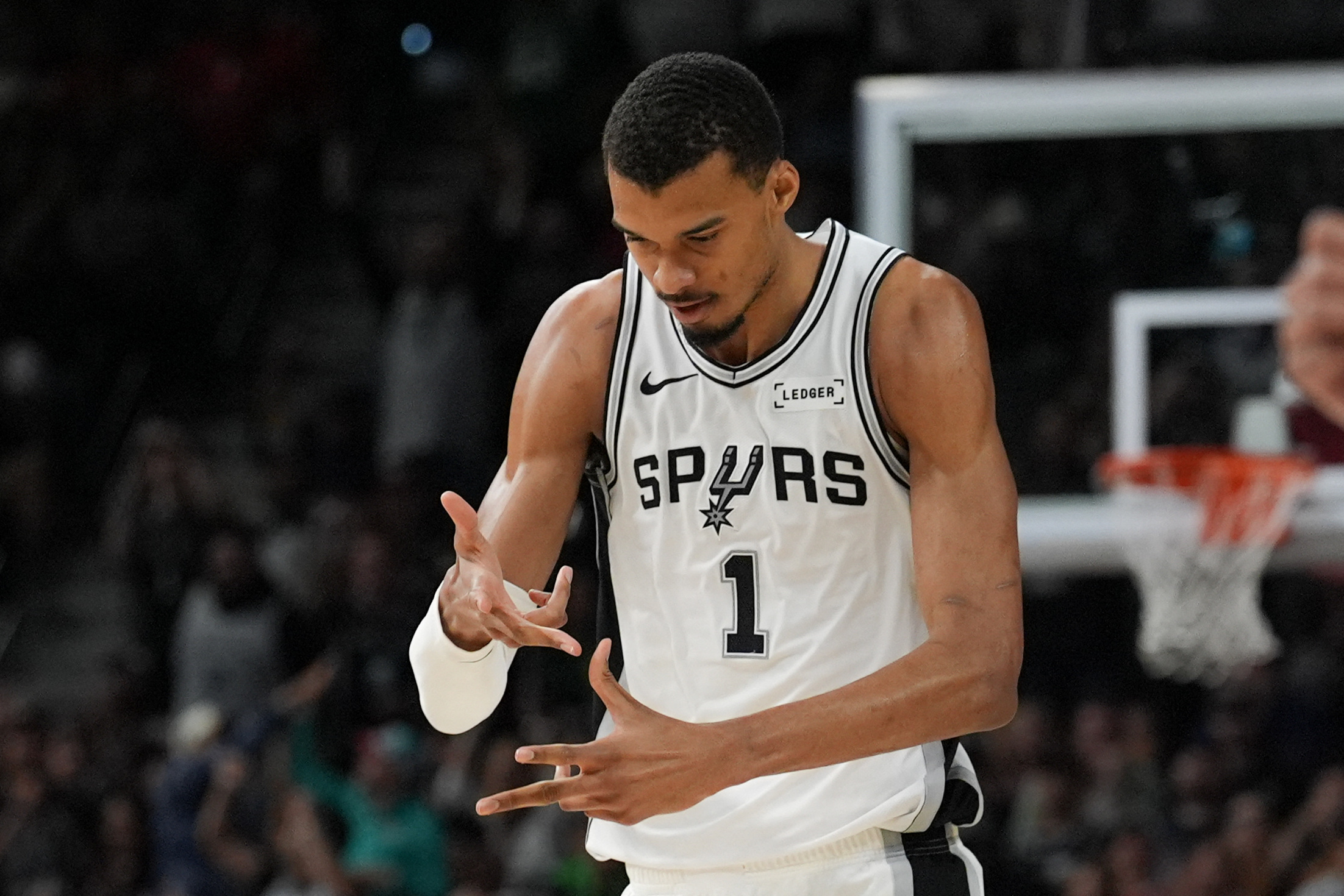 San Antonio Spurs forward Victor Wembanyama (1) celebrates as we break down our Hornets vs Spurs player props.