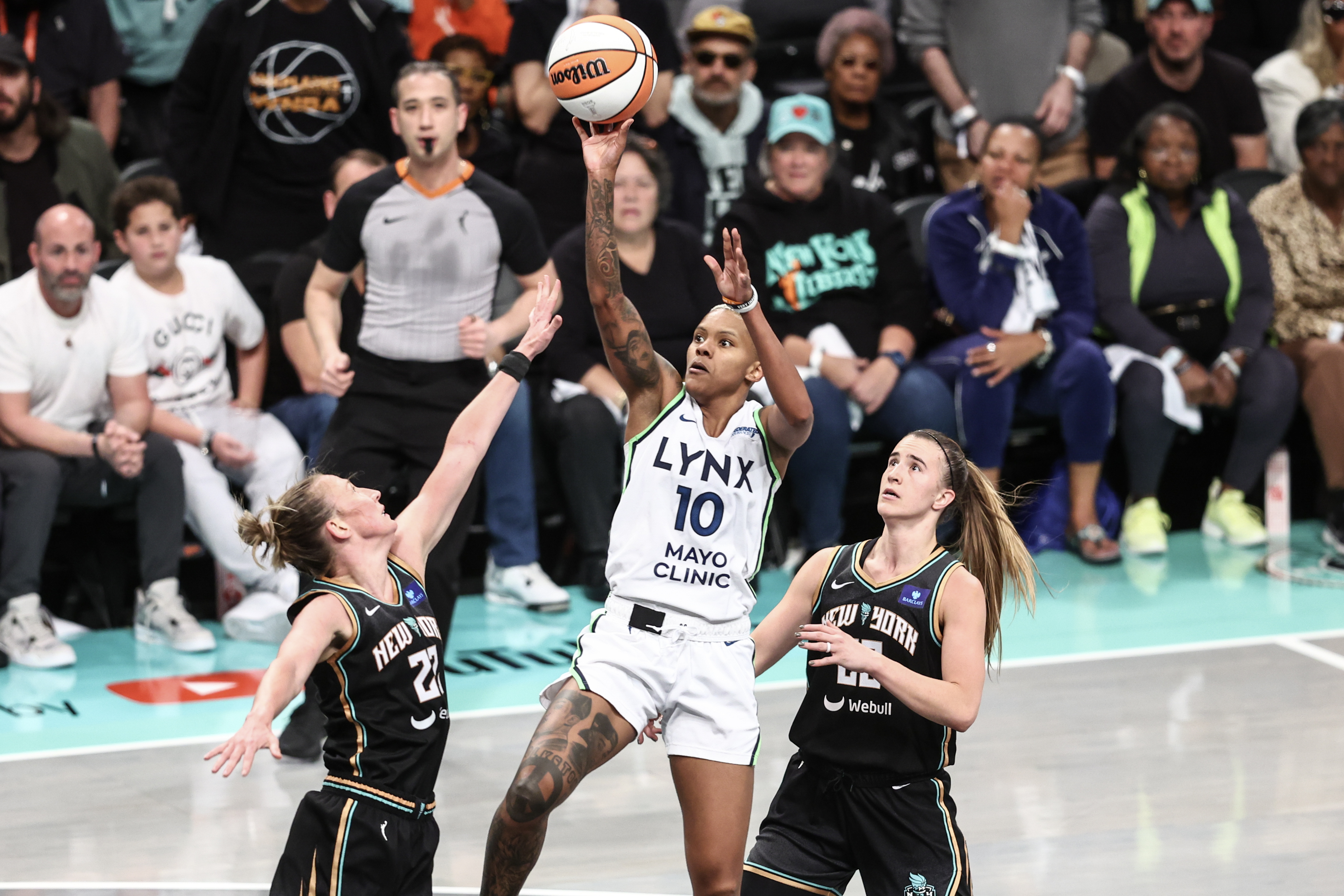 Minnesota Lynx guard Courtney Williams (10) shoots as we offer our Lynx vs. Liberty prediction for Game 2 of the WNBA Finals on Sunday.