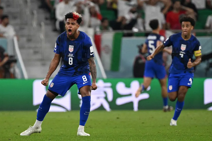 USA's midfielder Weston McKennie celebrates his team's first goal scored against Iran.