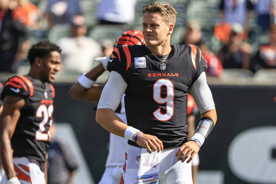 Joe Burrow of the Cincinnati Bengals looks on during warmups before the game against the Atlanta Falcons, and we provide new U.S. bettors with our exclusive DraftKings promo code for NFL Week 2.