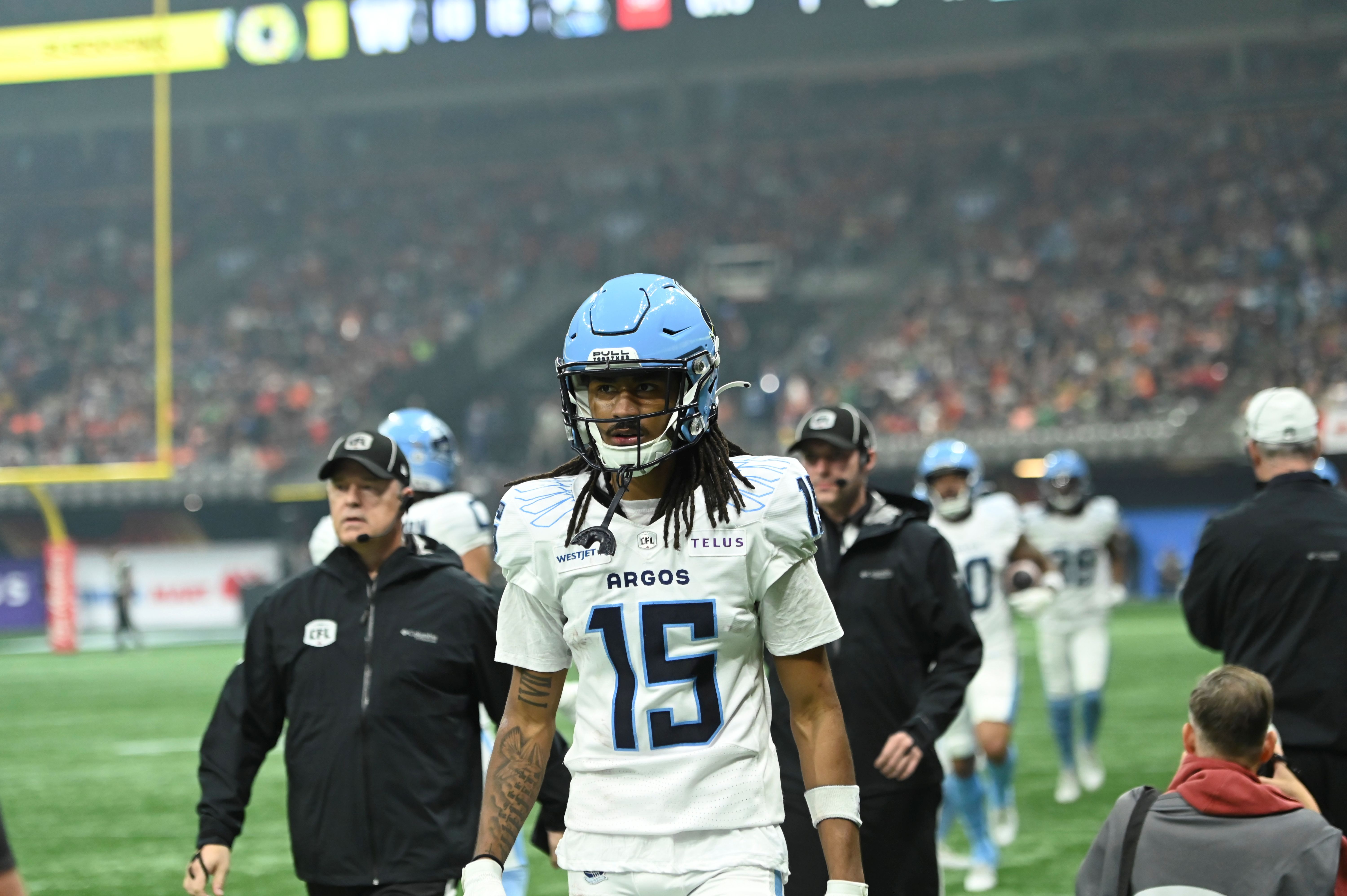 Argonauts wide receiver Makai Polk (15) looks on as we break down our Argonauts vs. Blue Bombers prediction.