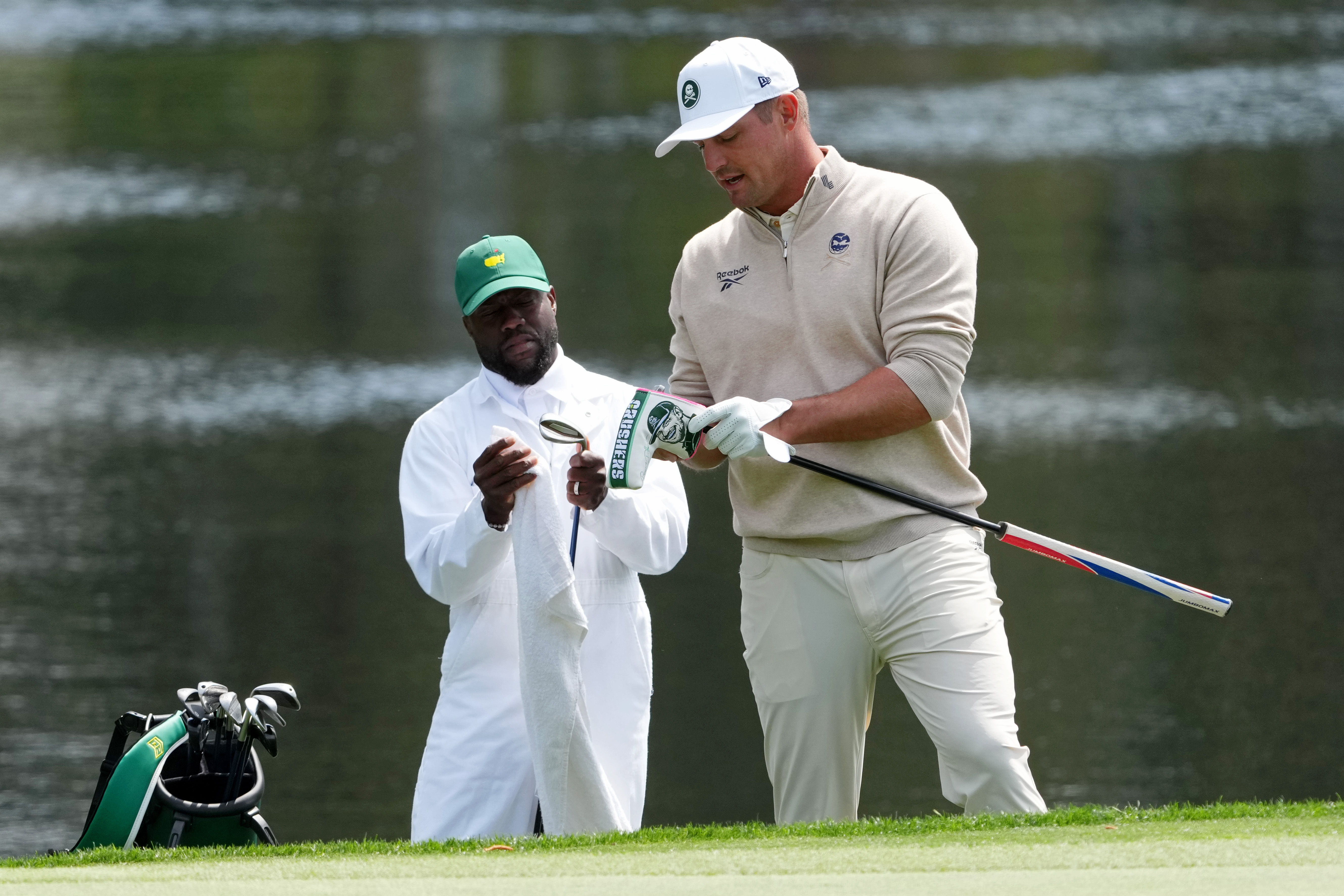 Bryson DeChambeau with Kevin Hart on the fourth hole during the Par 3 Contest at the Masters as we look at the Masters win probability