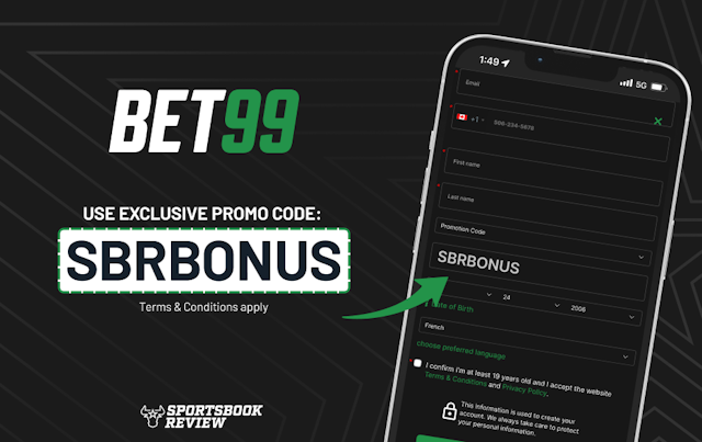 A mobile phone showing the BET99 sportsbook sign-up page, with an arrow pointing to the promotion code field.