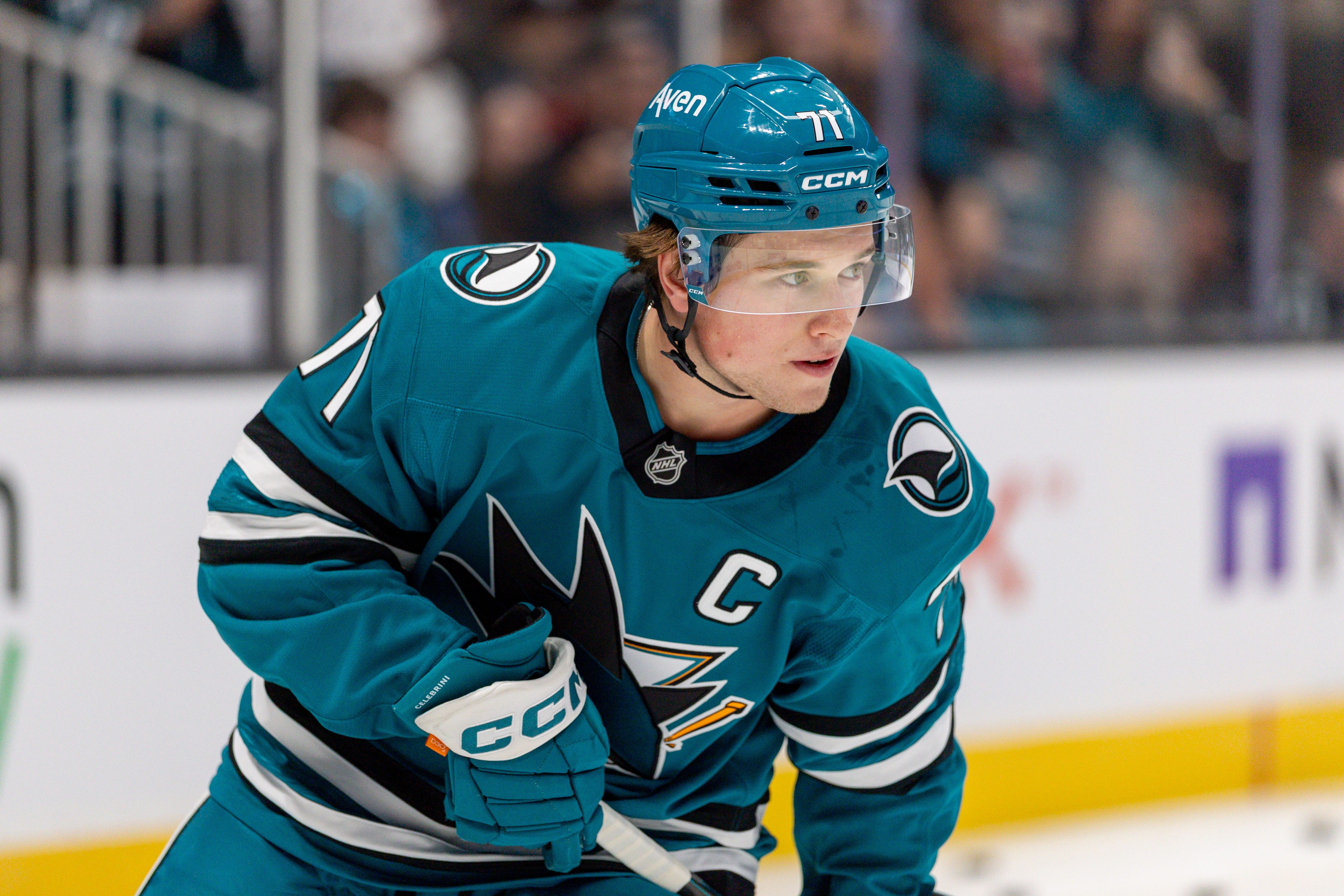 Sharks center Macklin Celebrini (71) skates as we break down our NHL predictions today.