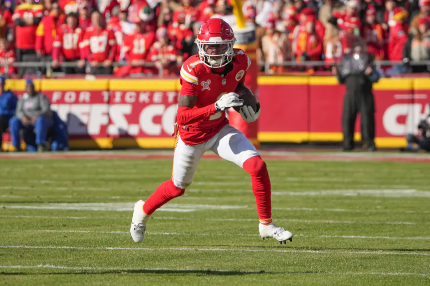 Kansas City Chiefs wide receiver Xavier Worthy (1) runs the ball as we look at our Bills vs. Chiefs expert picks.