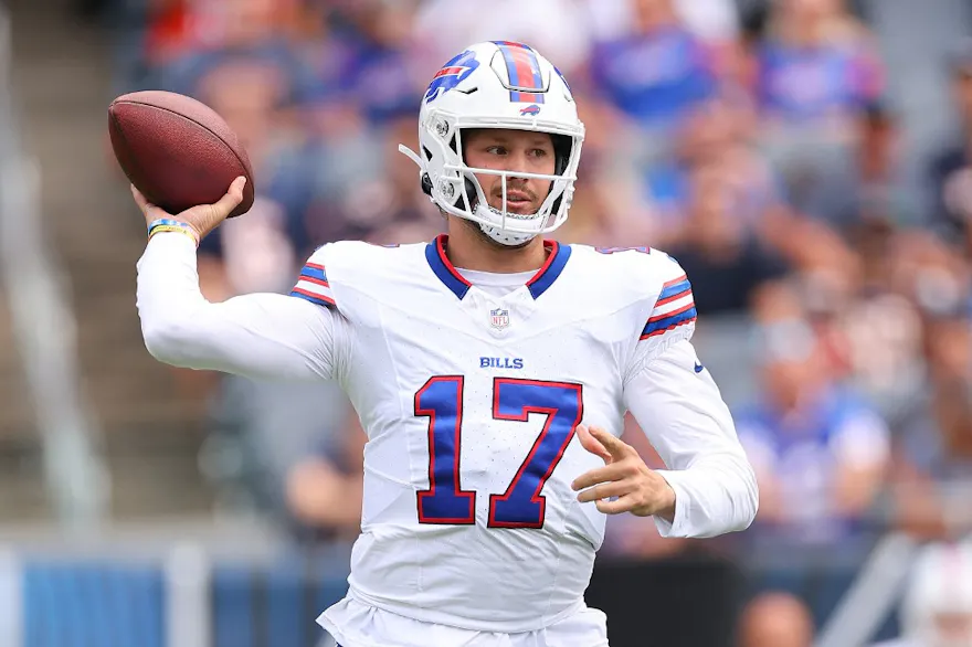 Josh Allen of the Buffalo Bills throws a pass against the Chicago Bears during the first half of a preseason game at Soldier Field, and we offer new U.S. bettors our exclusive bet365 bonus code for NFL Week 5.