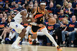 Shai Gilgeous-Alexander of the Oklahoma City Thunder drives past Tim Hardaway Jr. of the Dallas Mavericks during the Game 5 of the NBA playoffs. We're looking at the best Shai Gilgeous-Alexander Odds ahead of Game 6. 