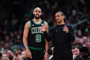  Boston Celtics head coach Joe Mazzulla talks with guard Derrick White as we look at the best 2024 NBA Championship odds
