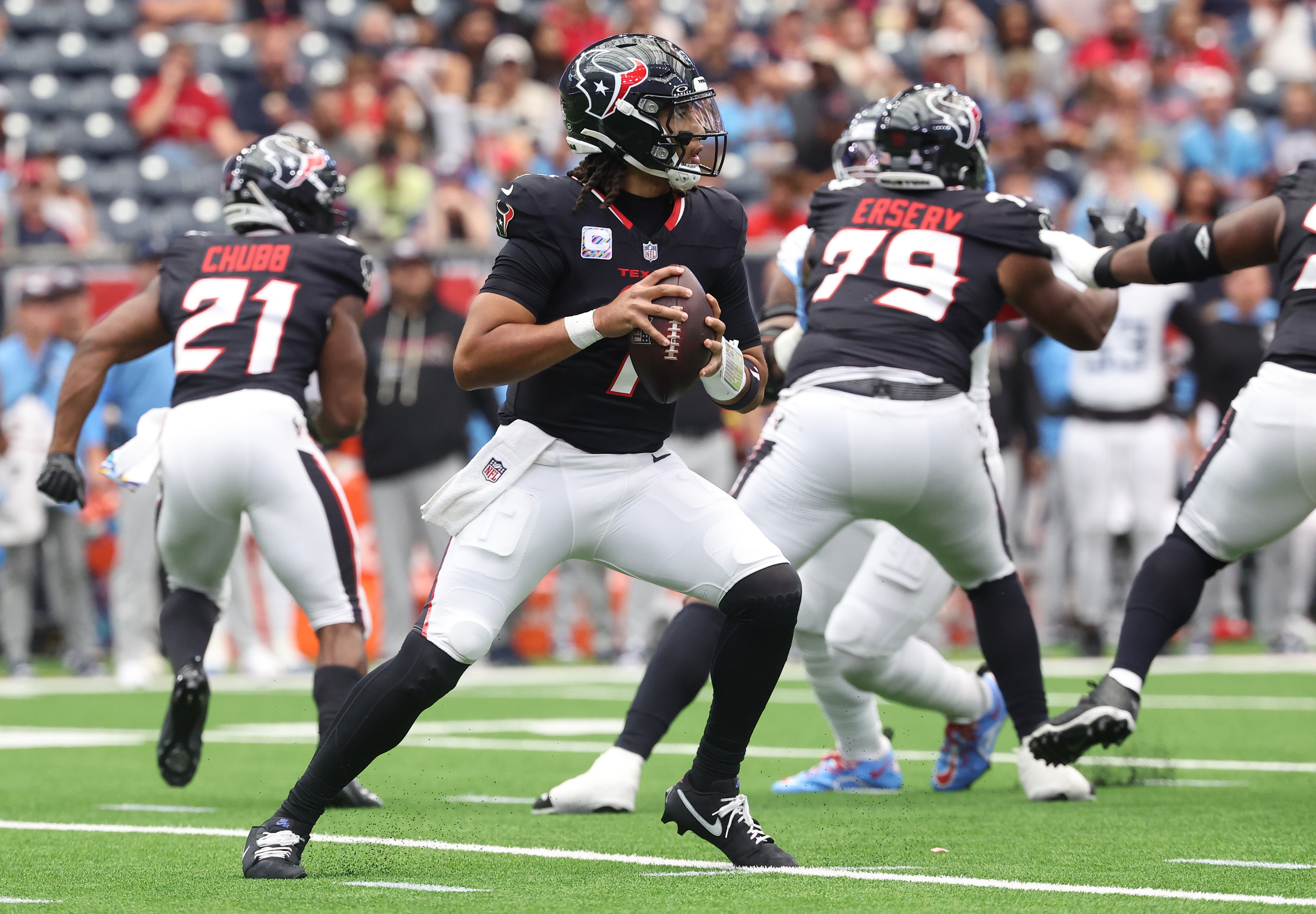 Houston Texans quarterback CJ. Stroud (7) drops to pass during the first half against the Tennessee Titans as we make our best Week 7 Survivor predictions. 