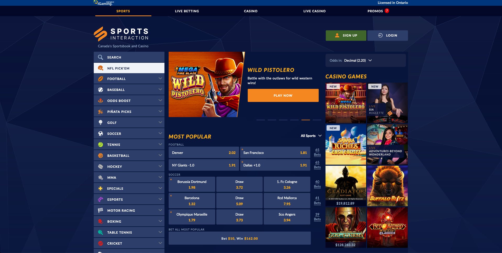 Sports Interaction sportsbook homepage<br>