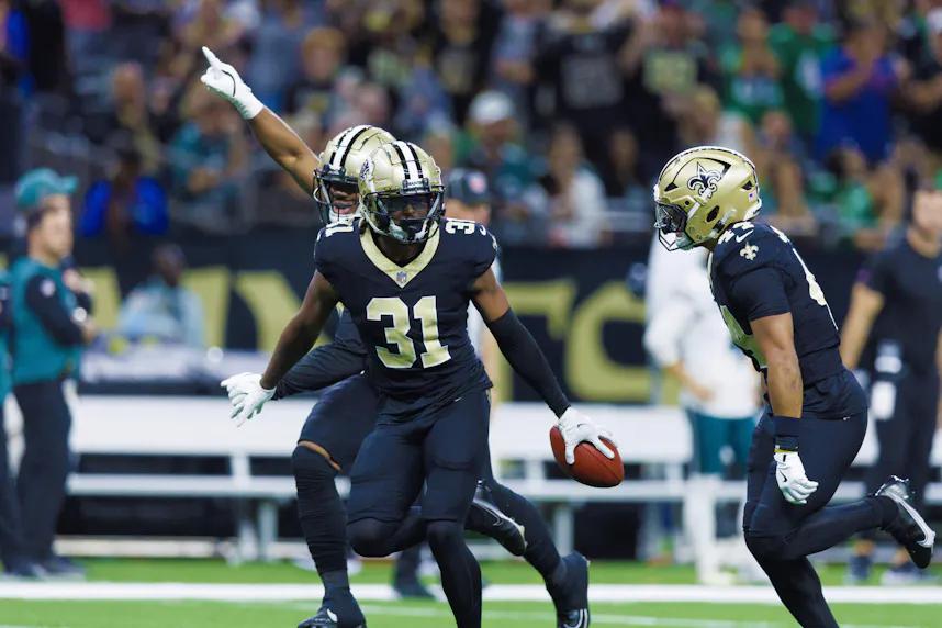 New Orleans Saints safety Jordan Howden reacts to a turnover as we look at Louisiana sports betting financials for August 2024.