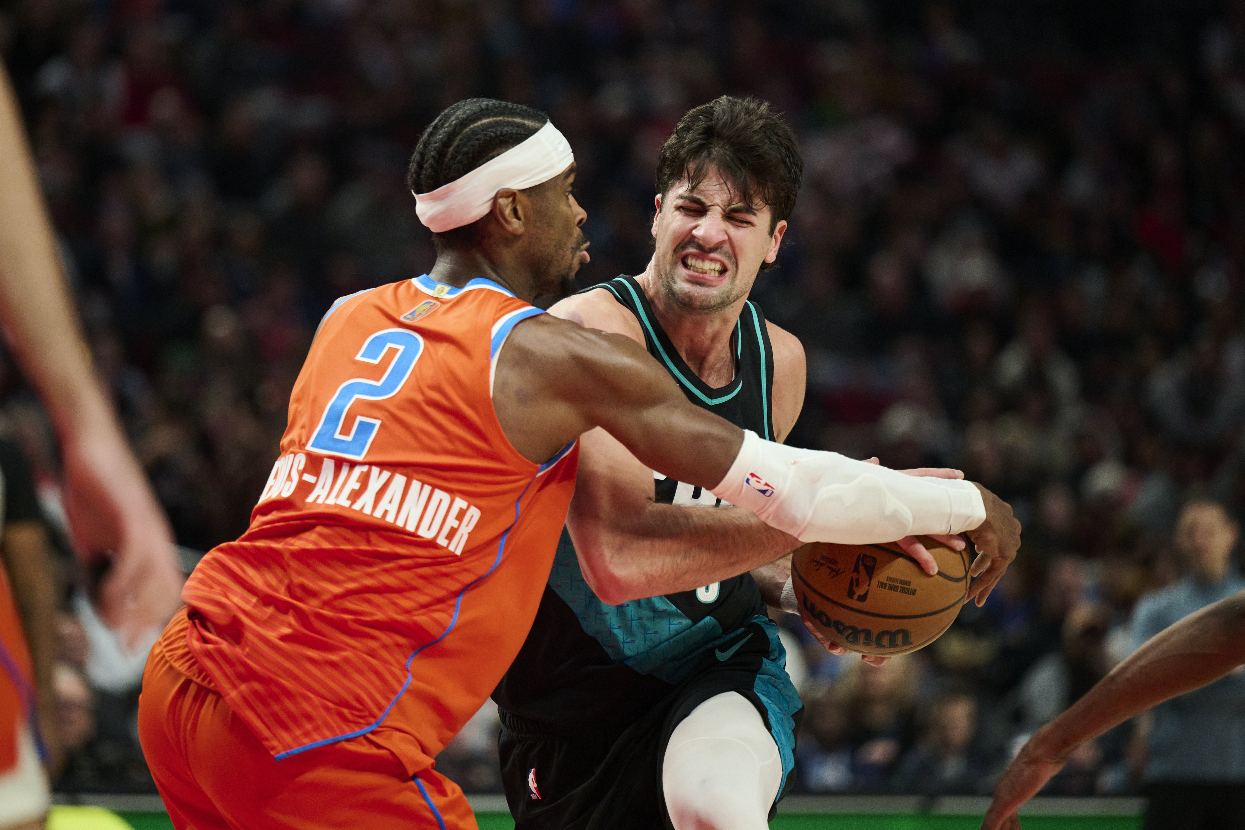 Portland Trail Blazers forward Deni Avdija is fouled by Oklahoma City Thunder guard Shai Gilgeous-Alexander as we make our best Trail Blazers vs. Thunder player props