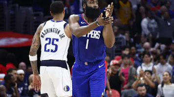 Los Angeles Clippers guard James Harden (1) reacts after making a 3-point shot as we offer our best Mavericks vs. Clippers player props for Game 2 on Tuesday.