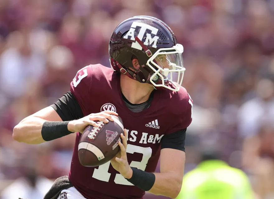 Haynes King of the Texas A&M Aggies looks to pass during the first half against the Appalachian State Mountaineers at Kyle Field on September 10, 2022 in College Station, Texas.
