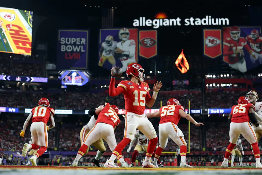 Patrick Mahomes of the Kansas City Chiefs throws the ball during Super Bowl LVIII against the San Francisco 49ers at Allegiant Stadium, and we offer our top odds and predictions for 2025 Super Bowl player props.