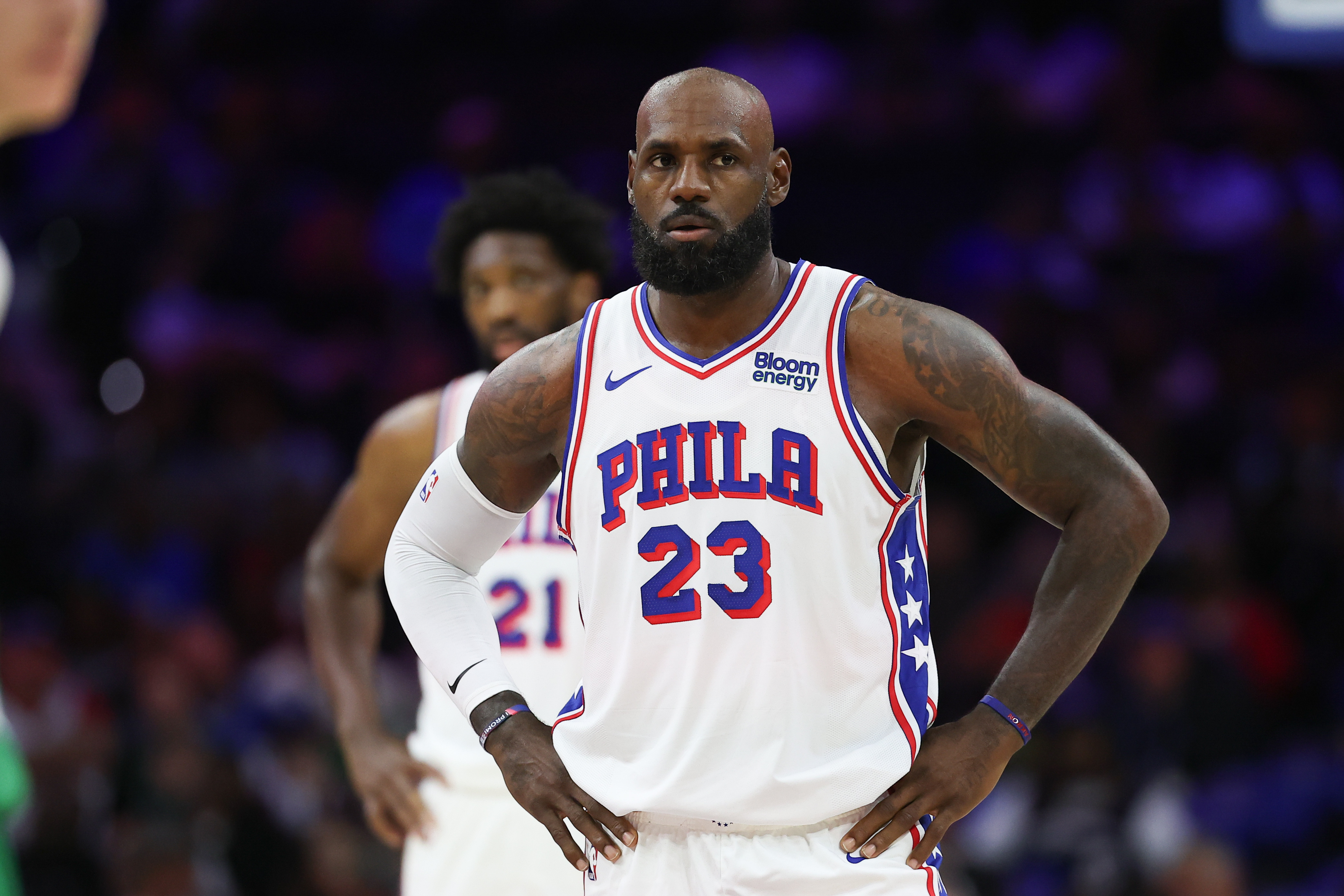 Philadelphia 76ers forward LeBron James (23) looks on as we break down our 76ers vs. Knicks prediction and props.