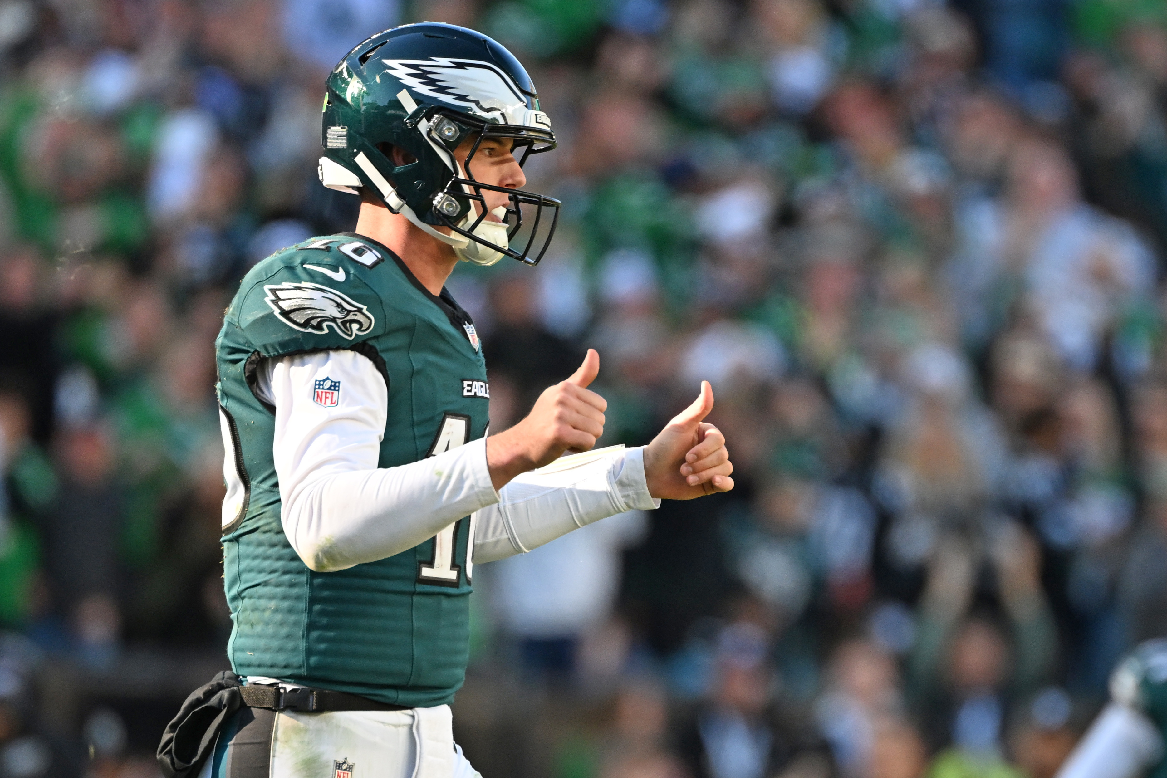 Philadelphia Eagles quarterback Tanner McKee reacts as we make our best Cowboys vs. Eagles expert picks