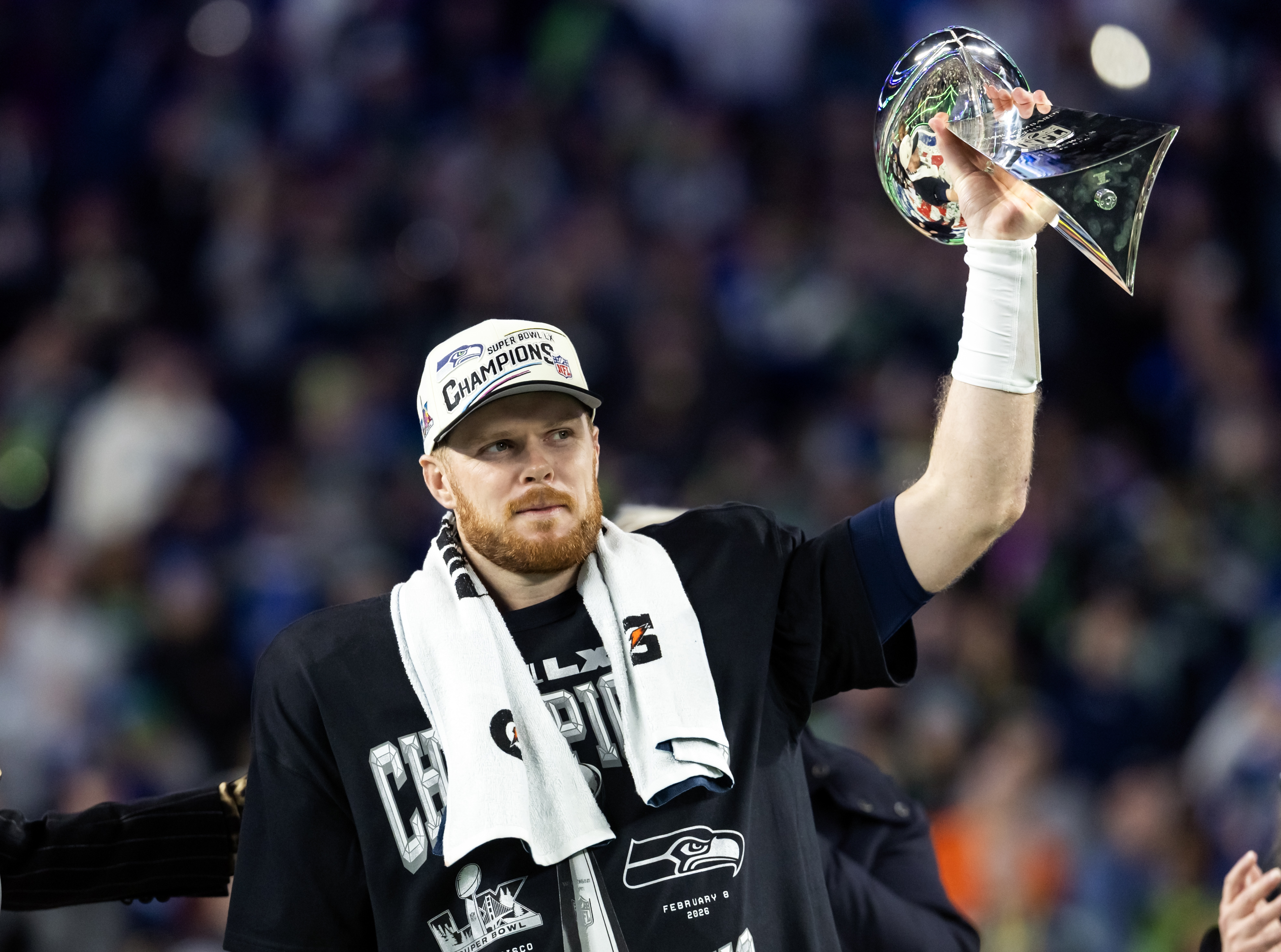 Seattle Seahawks quarterback Sam Darnold celebrates as we look at prediction markets growing from the Super Bowl heading into a busy sports calendar. 