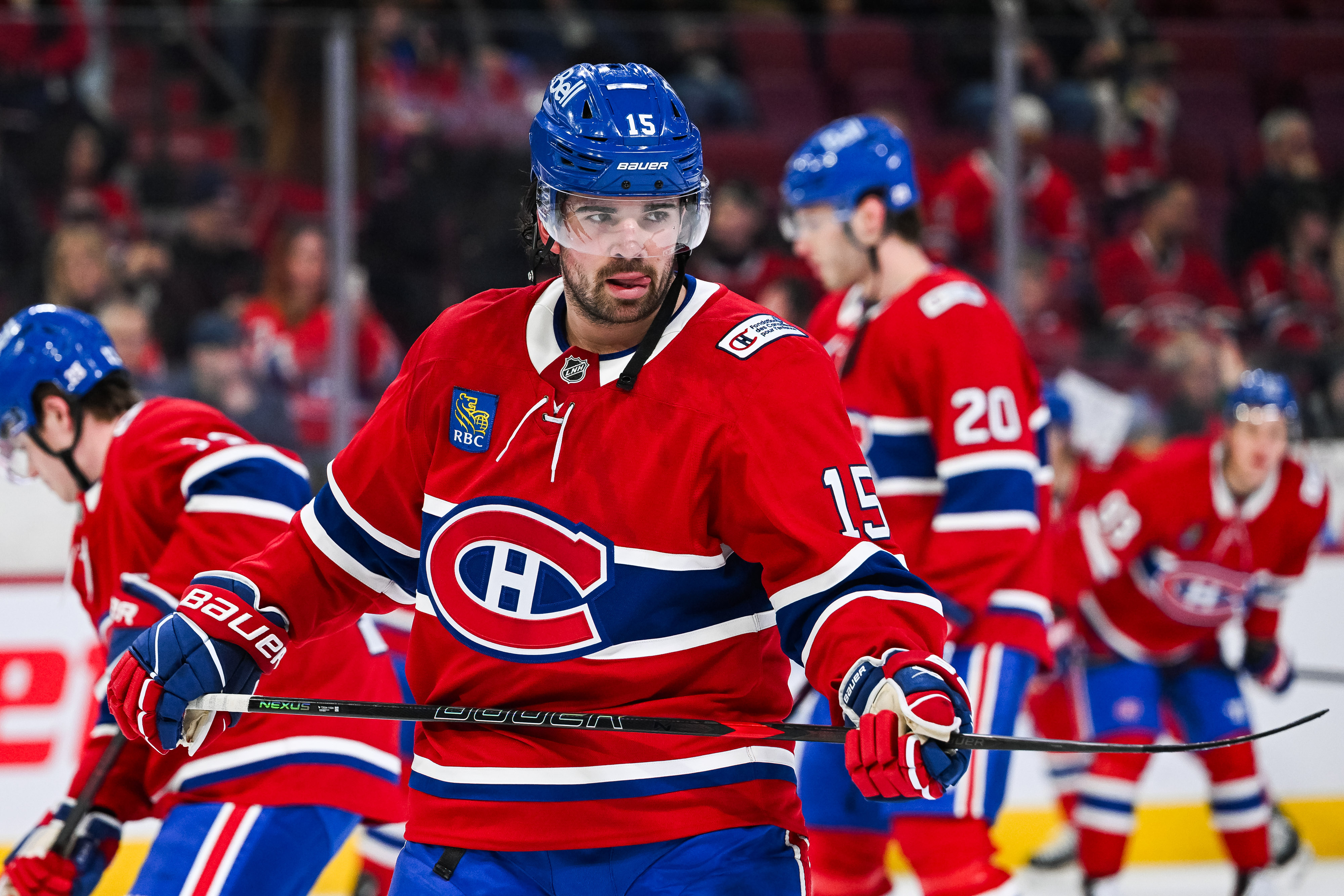 Montreal Canadiens center Alex Newhook (15) looks on as we break down our NHL conference final predictions.