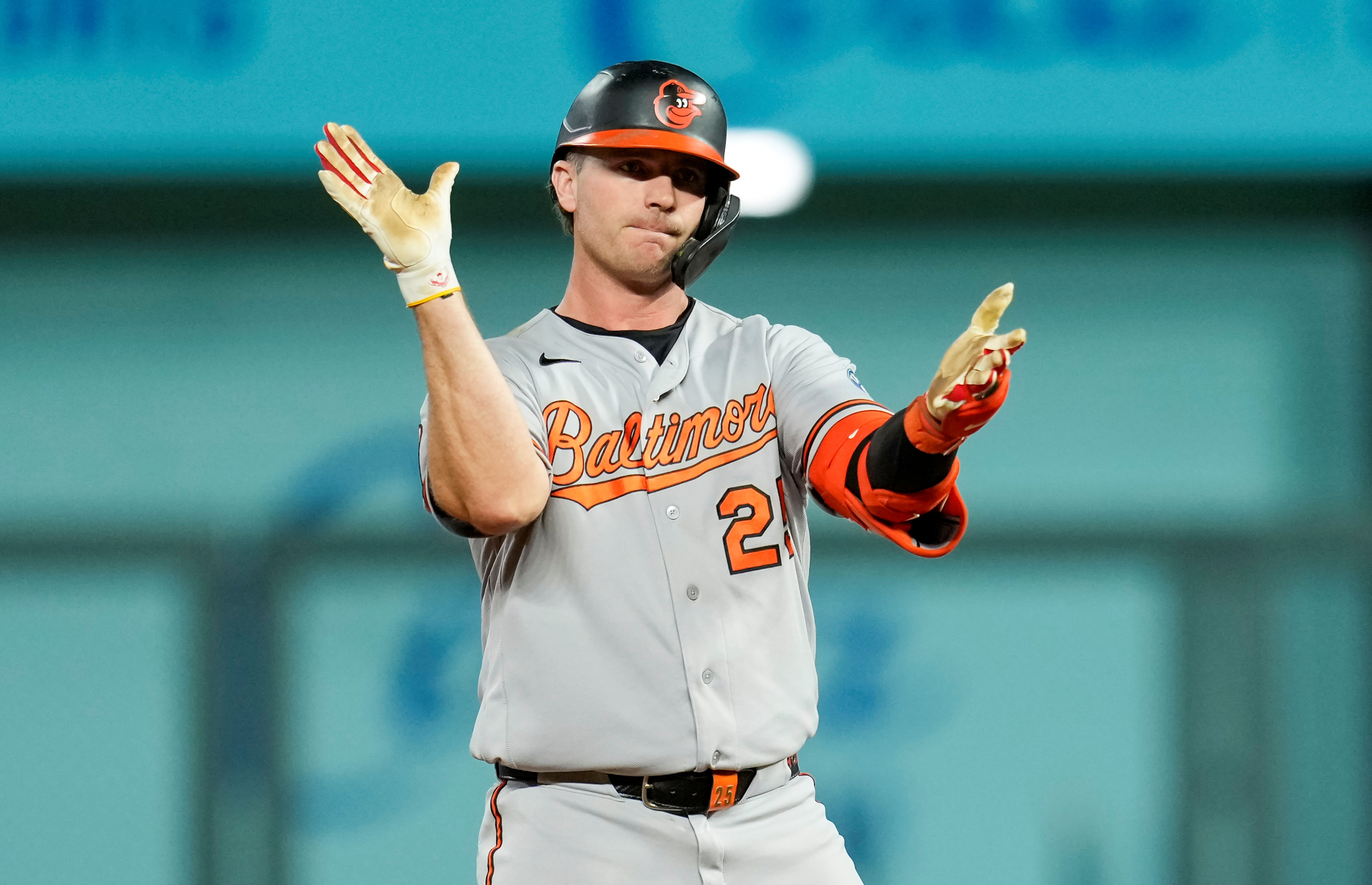 Baltimore Orioles designated hitter Pete Alonso celebrates after hitting a double, and he's featured in my home run predictions today.