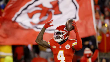 Rashee Rice #4 of the Kansas City Chiefs celebrates scoring a touchdown as we offer our Super Bowl picks roundup