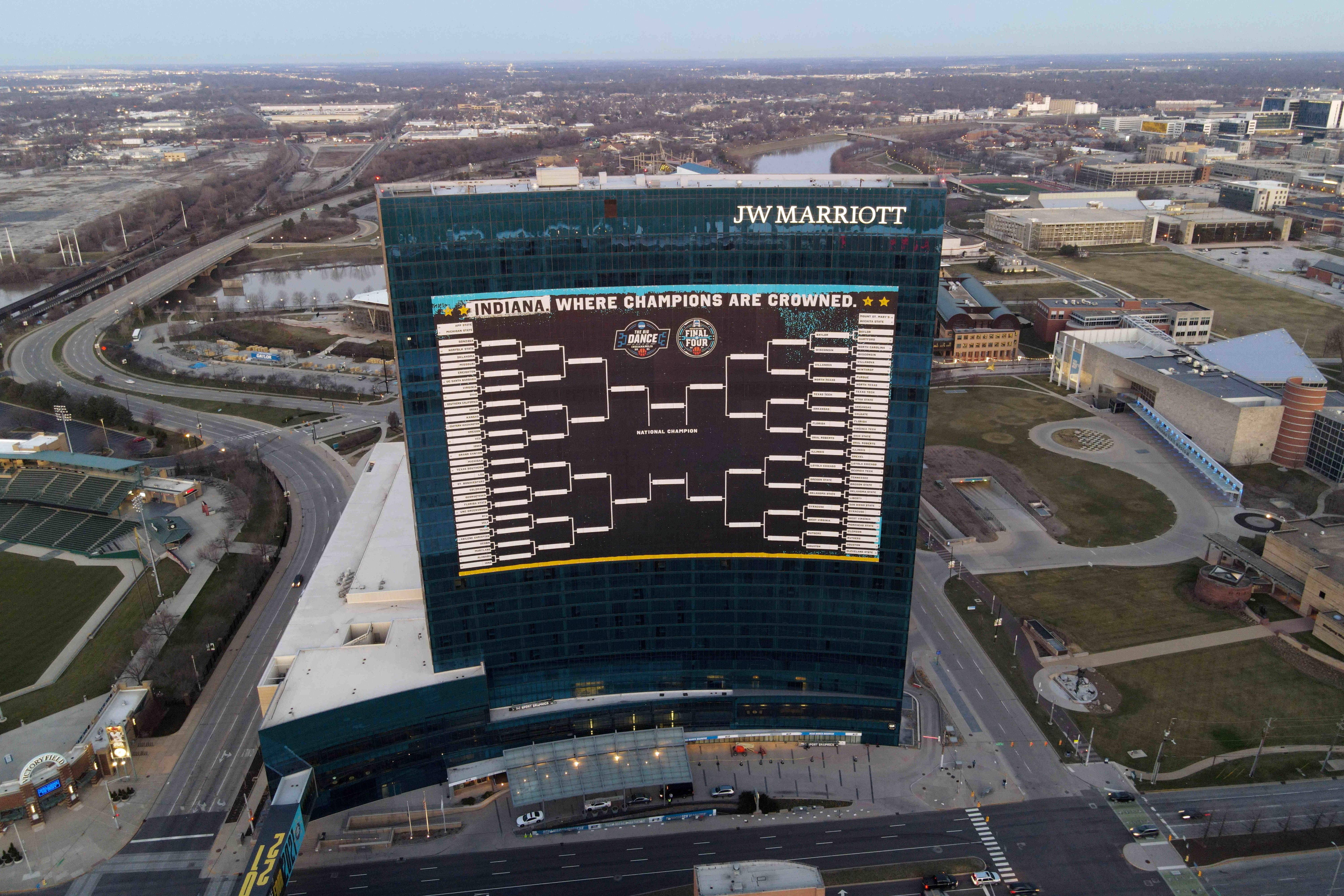 A Final Four March Madness playoff bracket is displayed on a hotel as we look at Kalshi's offering $1 billion for a perfect bracket.