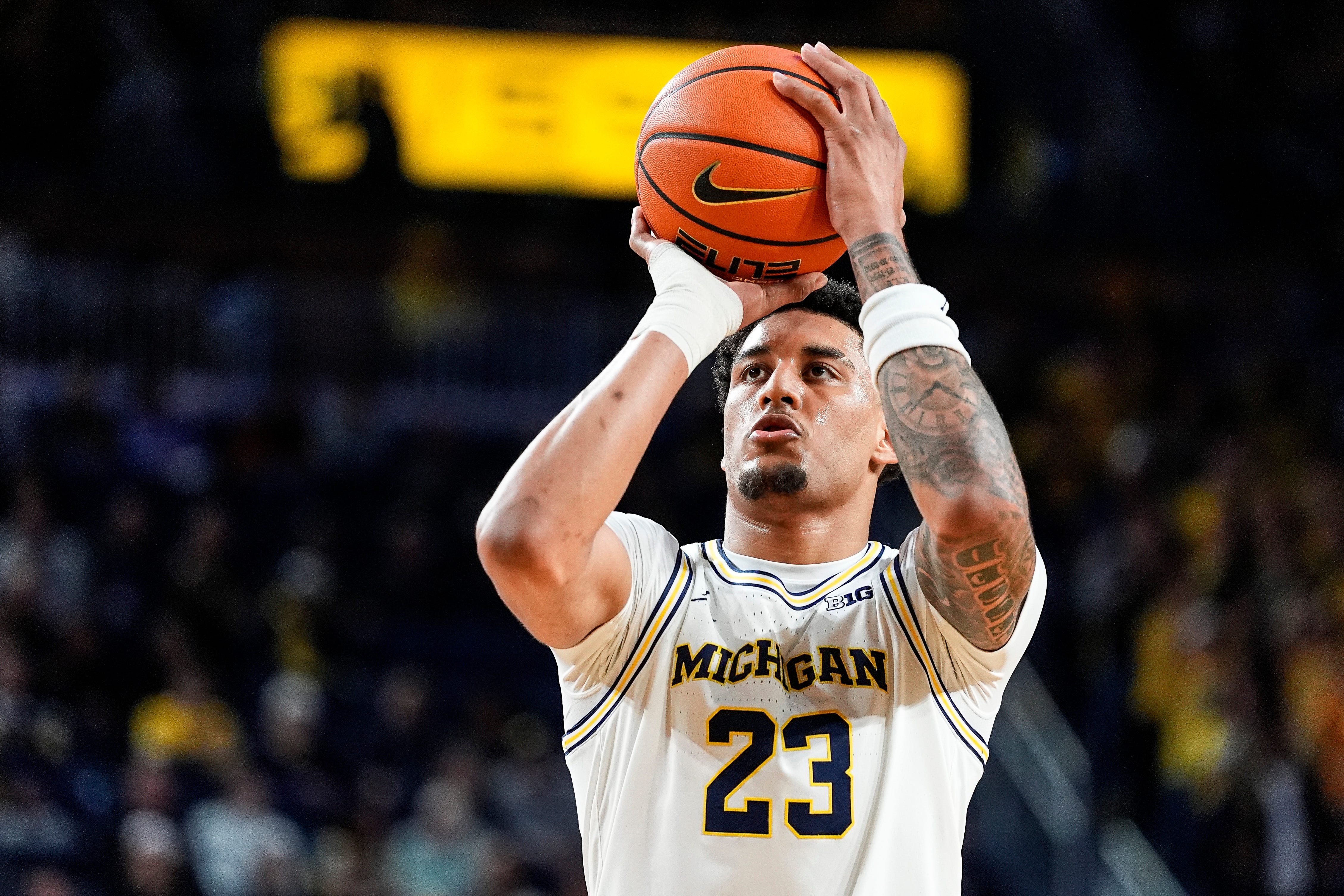 Michigan forward Yaxel Lendeborg attempts a free throw as we offer our best Michigan vs. TCU prediction