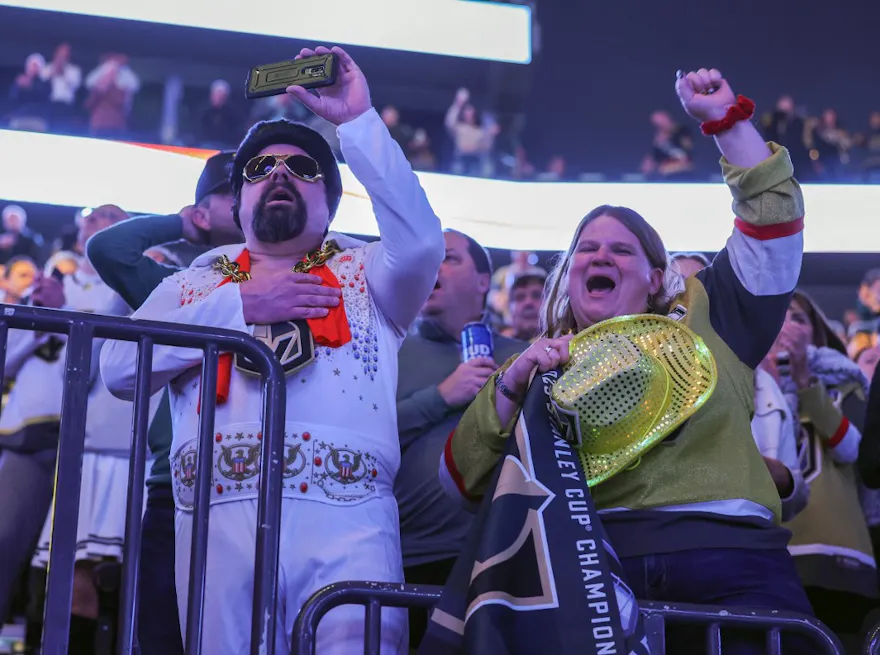 Vegas Golden Knights fans react as the United States national anthem is performed before a game against the Los Angeles Kings, and Nevada's revenue report for October showed mixed results.