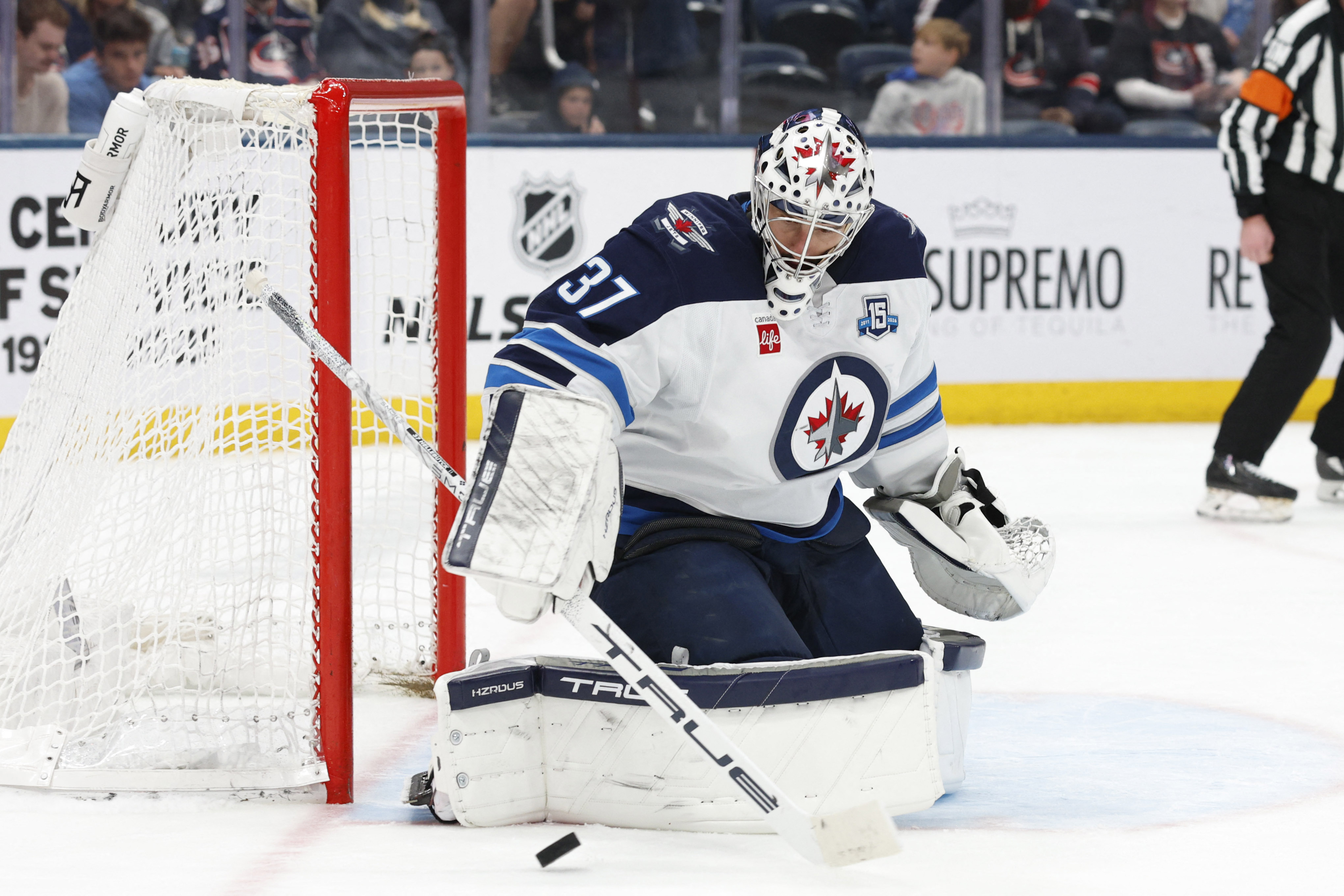 Winnipeg Jets goalie Connor Hellebuyck (37) makes a save as we take a closer look at the 2026-2027 Vezina Trophy Odds