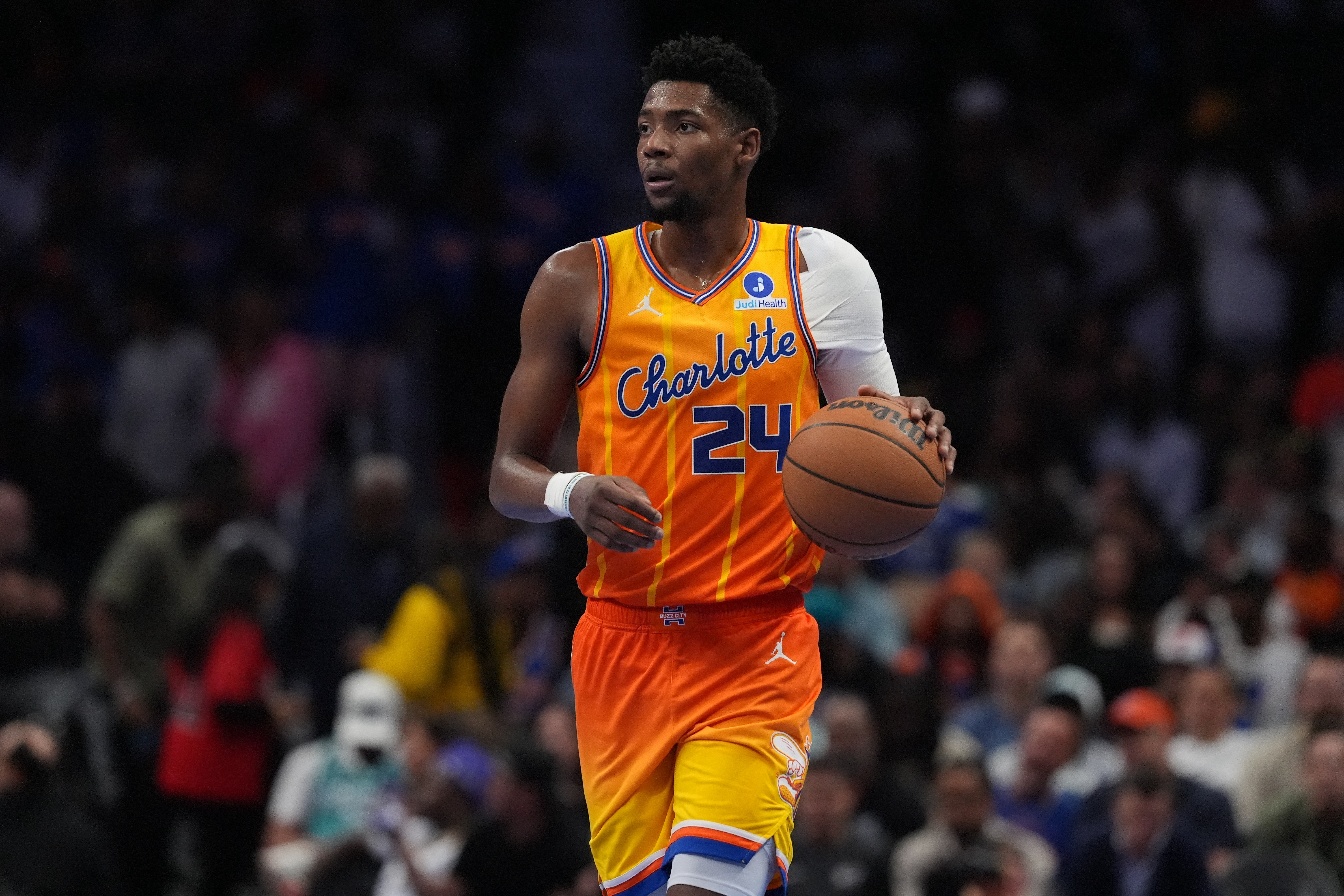 Hornets forward Brandon Miller brings the ball up the court as we analyze the 2026-27 NBA Most Improved Player odds.