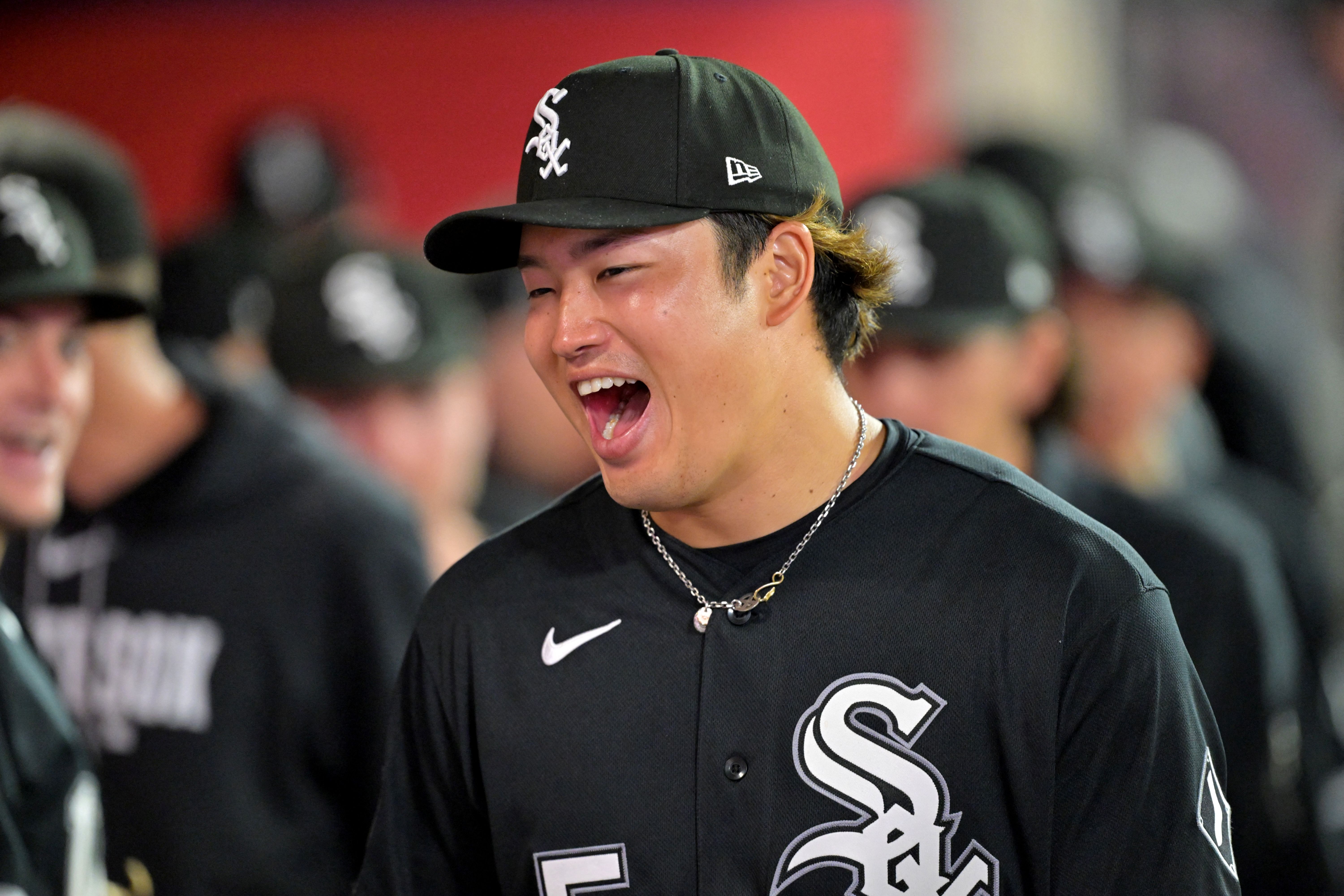 Chicago White Sox first baseman Munetaka Murakami (5), seen here in the dugout after a game, is featured in our home run predictions tonight.
