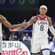 Mikal Bridges and Paolo Banchero react during the FIBA Basketball World Cup Group C match between the USA and New Zealand as we look at our USA-Jordan BetMGM promo code.